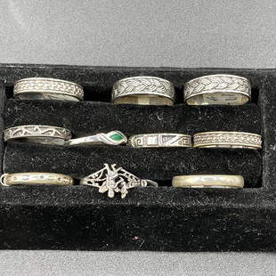 Ten Sterling Rings: Group of ten sterling rings,various sizes & styles. Sizes are two size 8 1/2, six size 8 3/4, and two size 9.