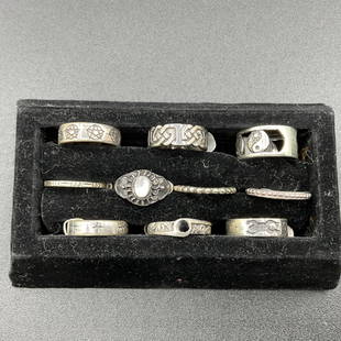 Ten Sterling Rings: Group of ten sterling rings, size 6. Various styles.