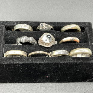 Ten Sterling Rings: Group of ten sterling rings, size 6. Various styles.