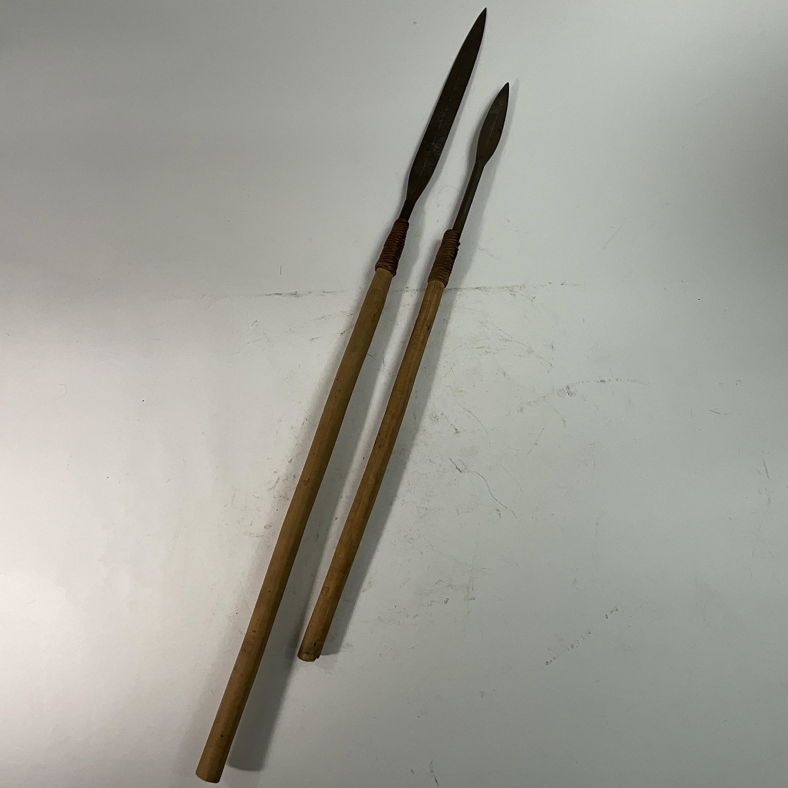 Pair of Assegai or Iklwa Spears: Pair of Assegai or Iklwa Spears, one 29" long, and the other 38 1/2" long. Acquired 1953.