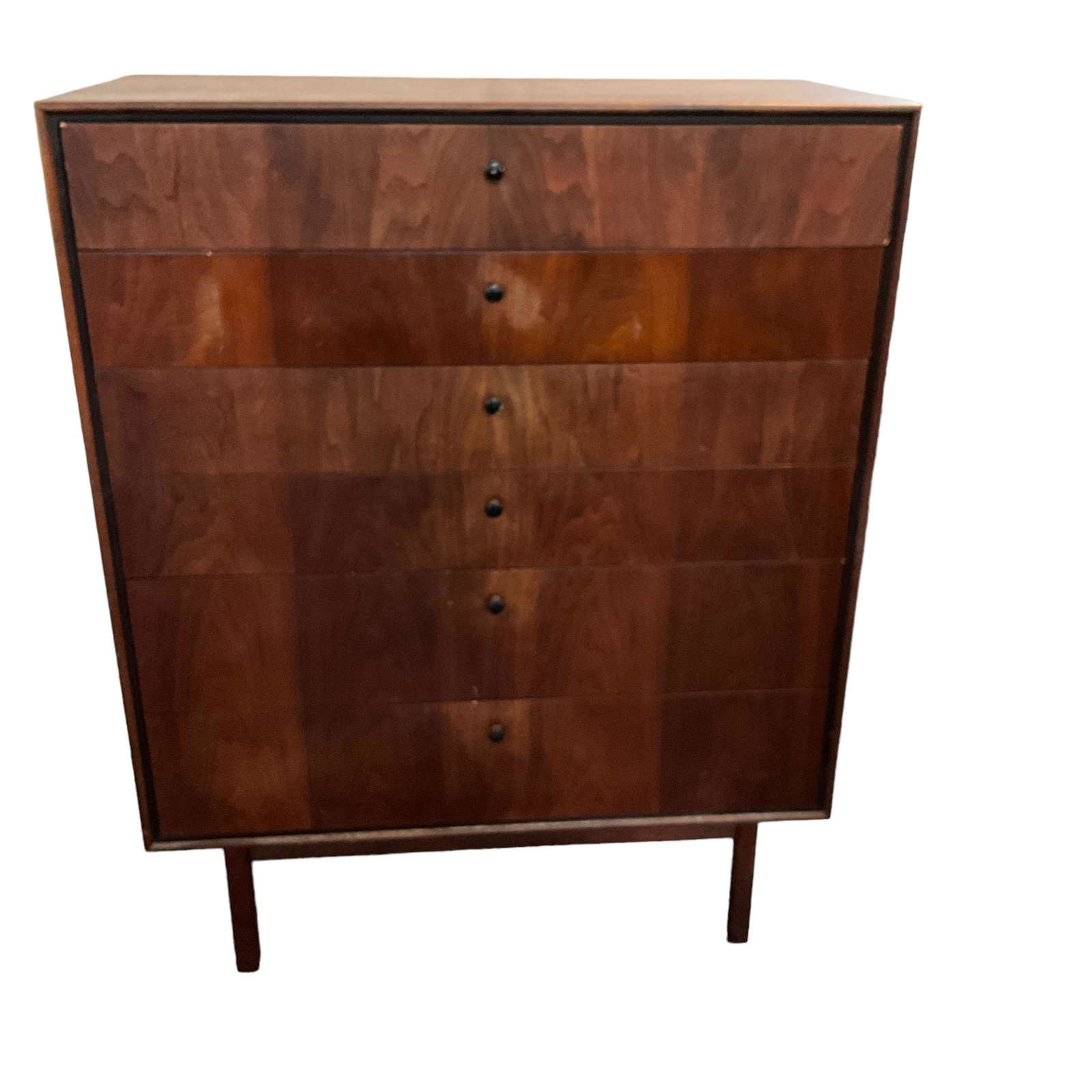 Mid century modern, six drawer dresser: Dovetail construction good used condition wood appears to be teak. Measures 36"L x 18"W x 45"H.