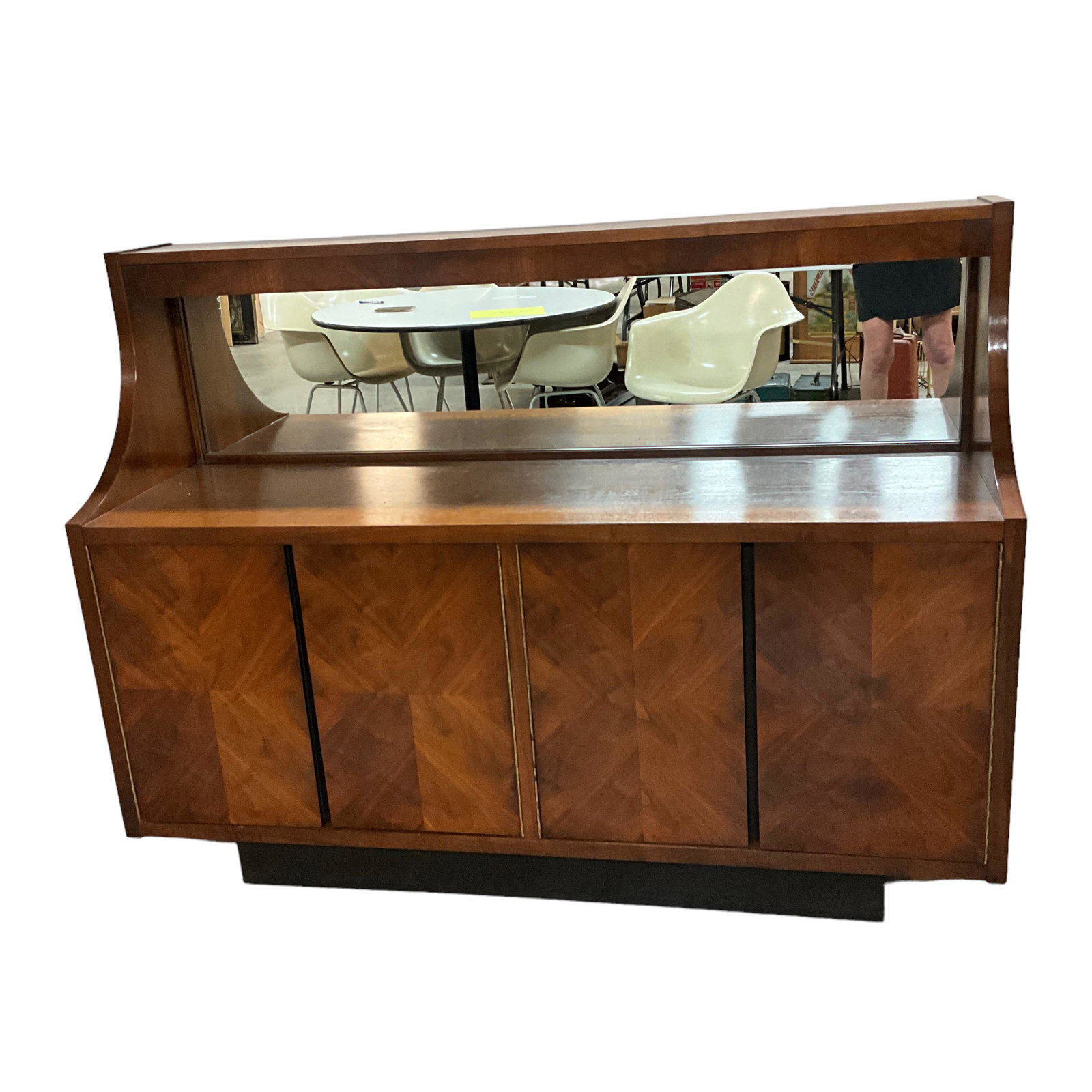 Mid Century Credenza: With mirror backing and lighted. Measures 60"L x 18"W x 45.5"H.