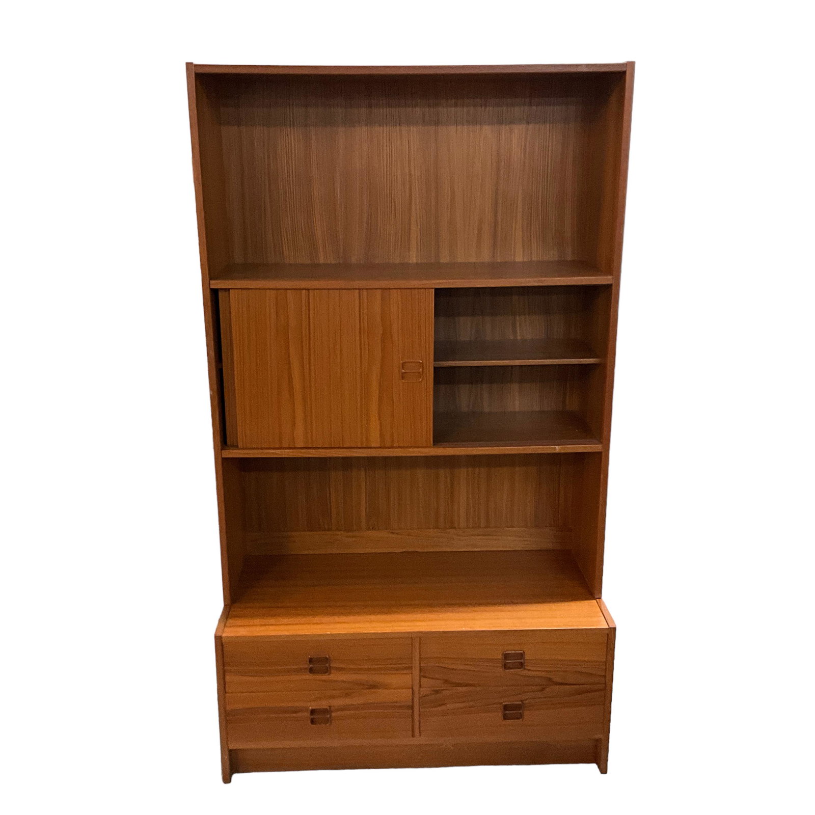 Danish Mid Modern Cabinet: Teak Wood, Four Door, One Slide Front. Measures 35"L x 17"W x 61"H