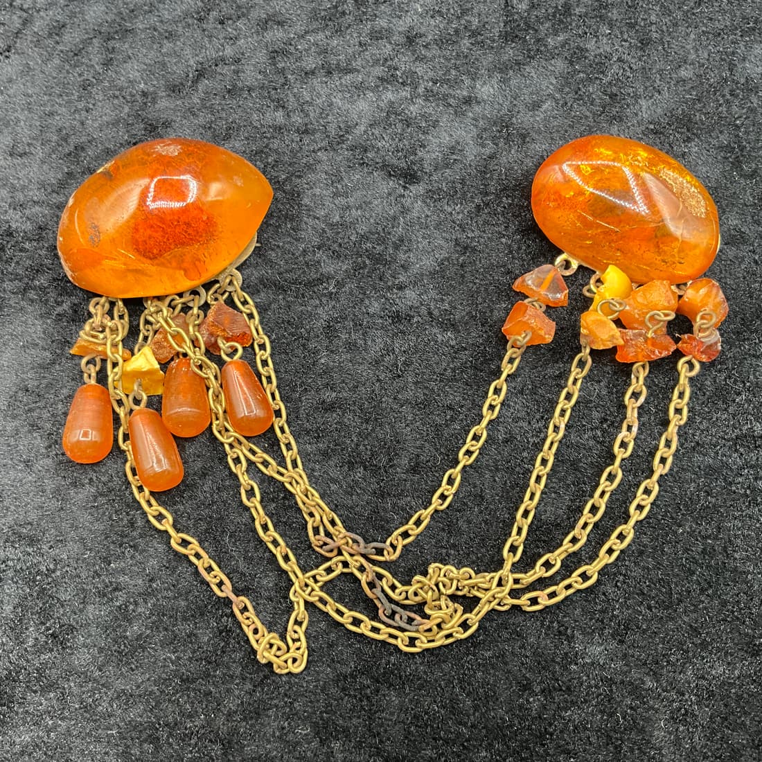 Baltic Amber Cloak or Sweater Clasp: Baltic Amber and silver cloak or sweater clasp, approx. 7" long.