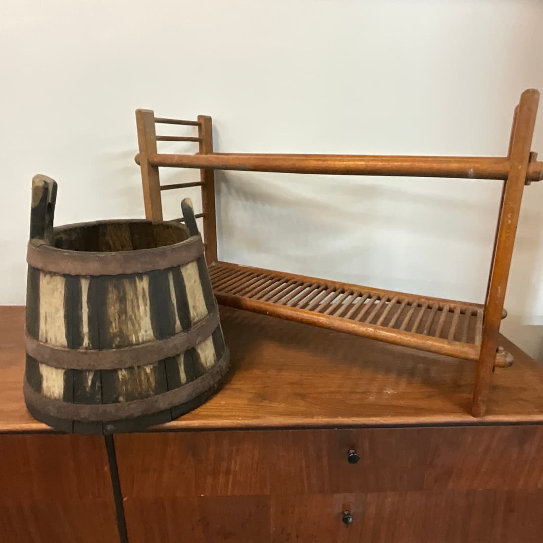 Wooden Firkin and Drying Rack: Wooden Firkin and Drying Rack- Firkin is approx. 14" tall, drying rack is is approx. 8.5" X 28" X 18" tall.