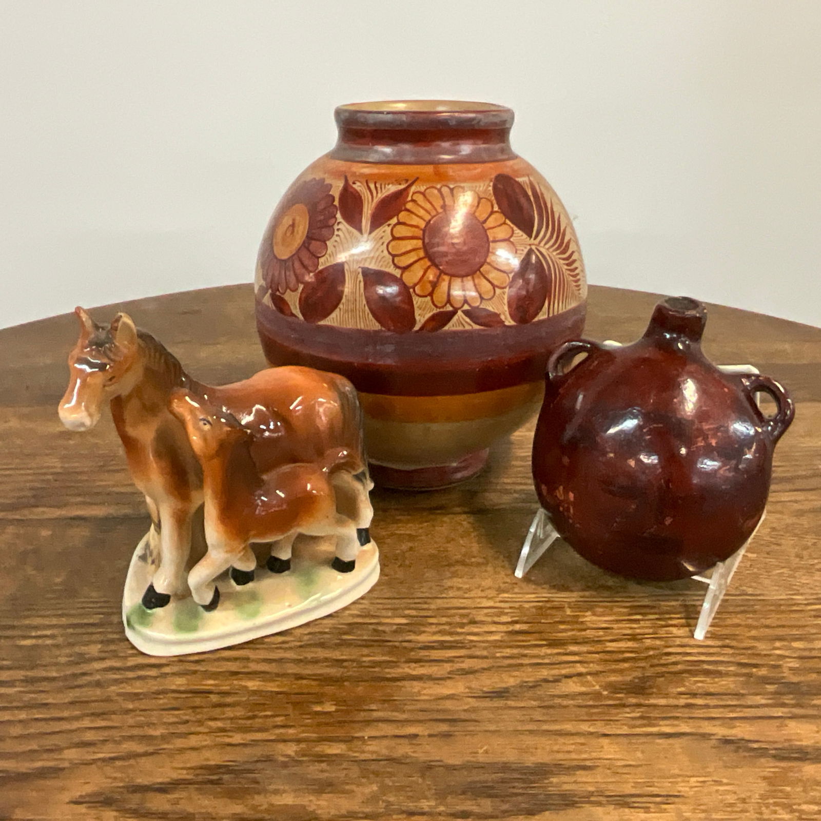 Mexican Pottery/Horse Planter: Mexican Urn with floral decoration, approx. 9" tall, Southwestern style decorated flask, approx. 5.75" long, a mare/colt made in Japan marked planter, approx. 6.5" tall.