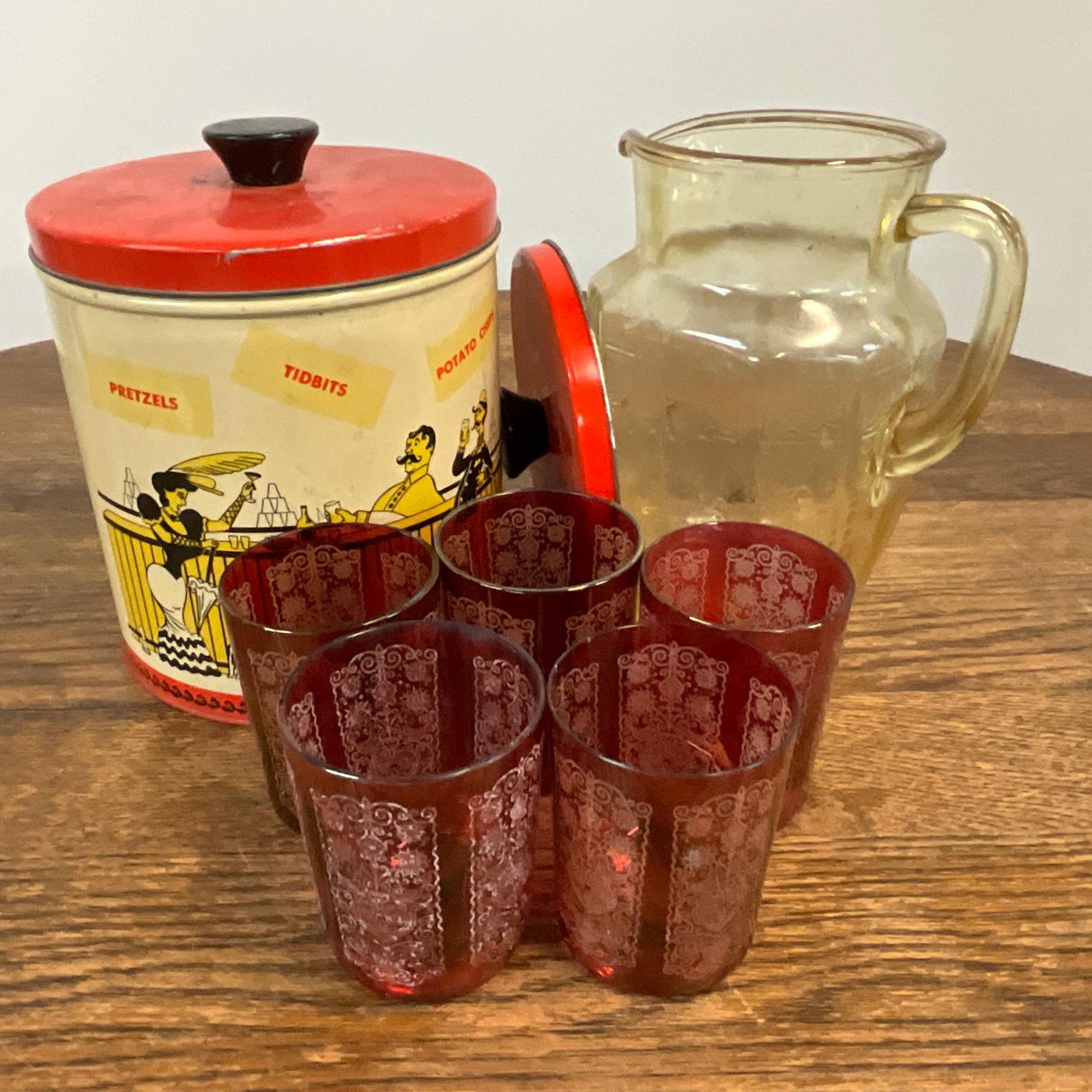 Depression Glass Pitcher, Tumblers, Snack Cannister. (1 of 4)