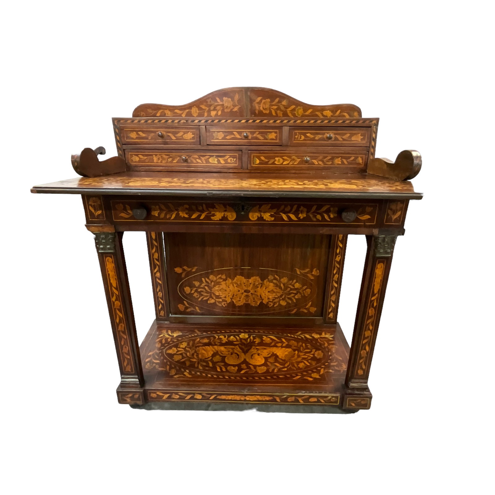 Dutch Inlaid Secretary/Desk: Dutch Inlaid Secretary/Desk- with 5 small drawers on top, and a full width drawer under the writing surface. 45" tall, 35.5" wide, and 22" deep. Several significant age/drying cracks, chips, lifting v