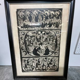 Large Format Eastern European Woodblock Print: Large Format Eastern European Woodblock Print- approx. 25.5" by 35" with a religious theme.