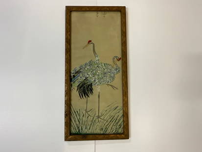 Asian Fabric Painting: Asian Fabric (silk?) Painting of cranes, in gold frame. Approx. 12" X 26" Some fading, wear, and soiling.