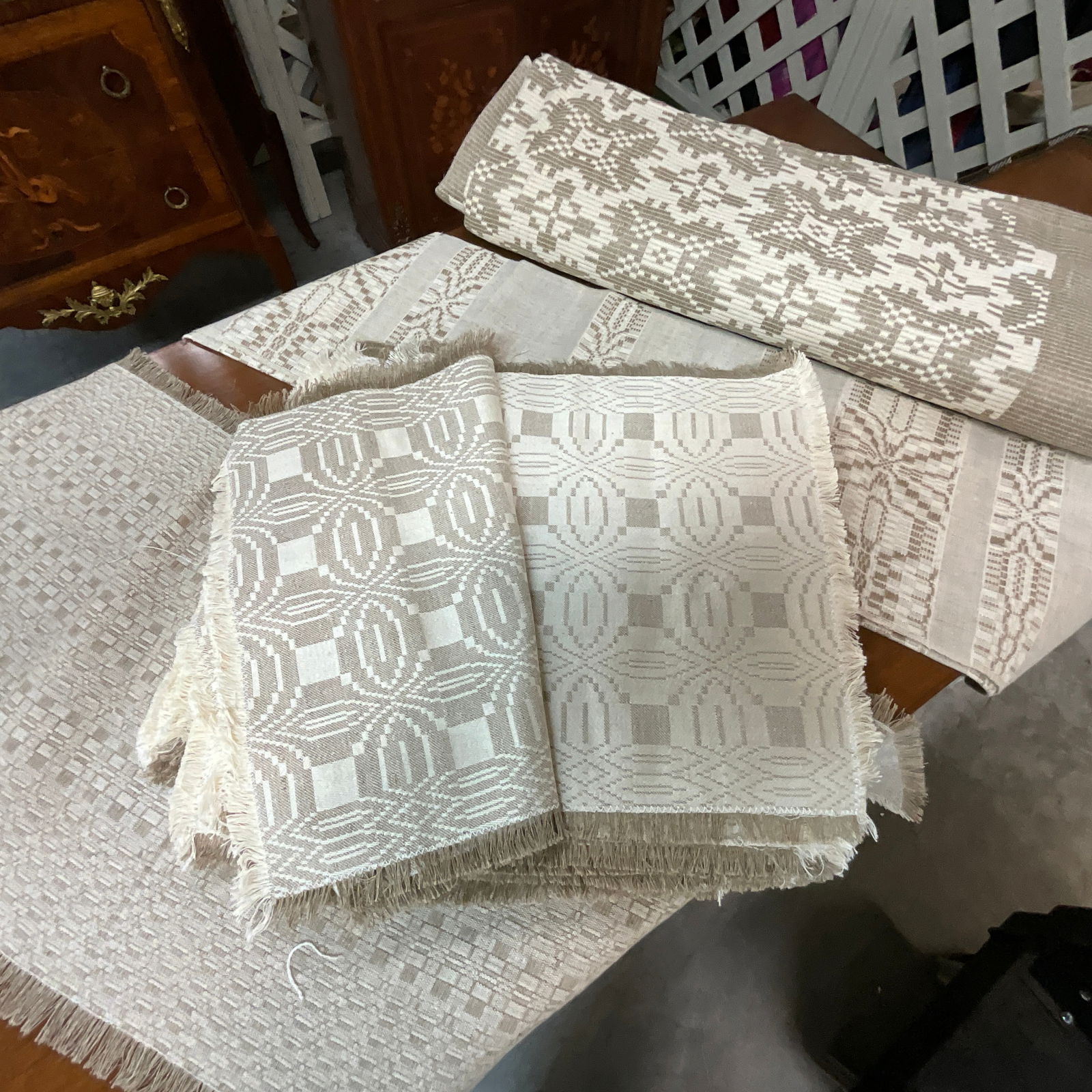 Vintage Lithuanian Linens: Vintage Lithuanian Linens, which appear to be hand woven. Consignor's Grandmother purchased these linens in Vilnius circa 1970, and they were stored, unused, until now. Most still have original sales