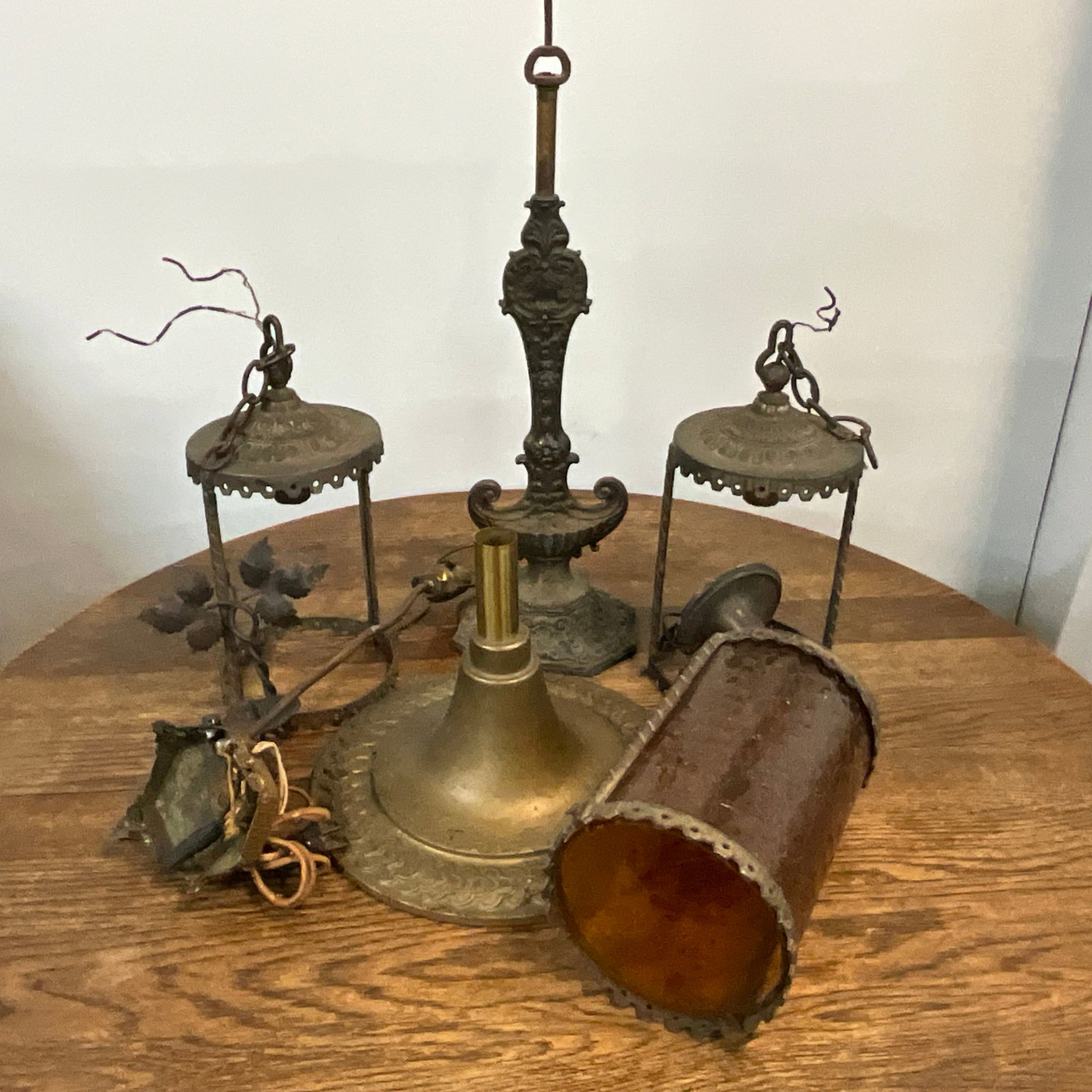 Light Fixtures/Lamp Parts: Lot of light fixtures, lamp parts, and miscellaneous. H. A. Best Company lamp base, approx. 23.5" high, a brass lamp base and up rod, approx. 17.5" high (not including harp), 3 cylindrical brass or br
