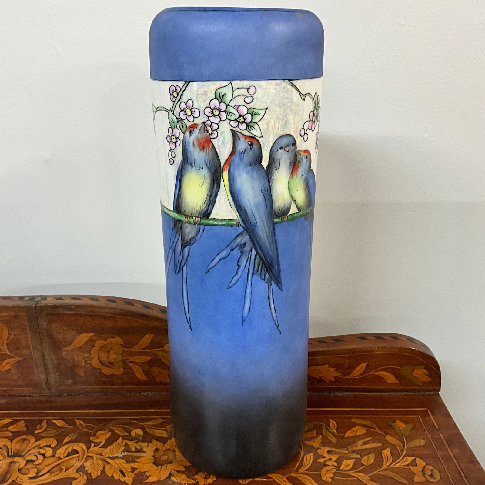 Blue Cylindrical Austrian Hand Painted Porcelain Vase (1 of 6)