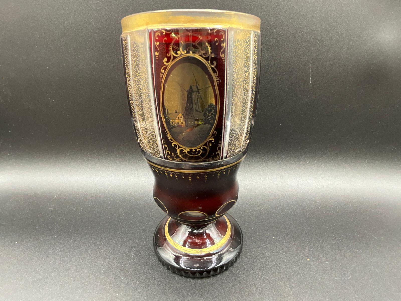Heavy Burgundy Glass Goblet With Oval Scenic Panels (1 of 5)