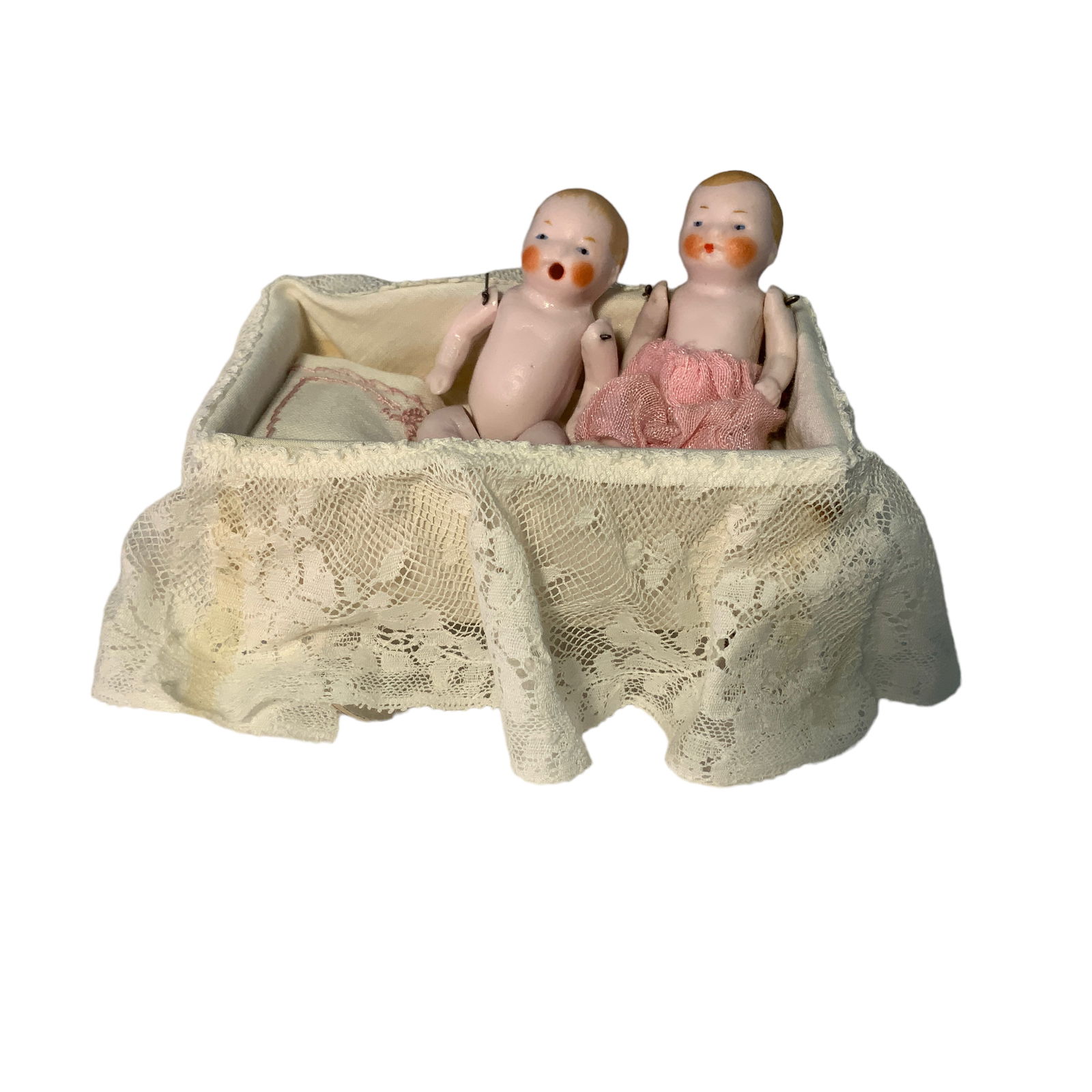 Pr all Bisque Germany Baby dolls in crib: Pr all Bisque Germany Baby dolls in crib Jointed Limbs Measure 2.5”