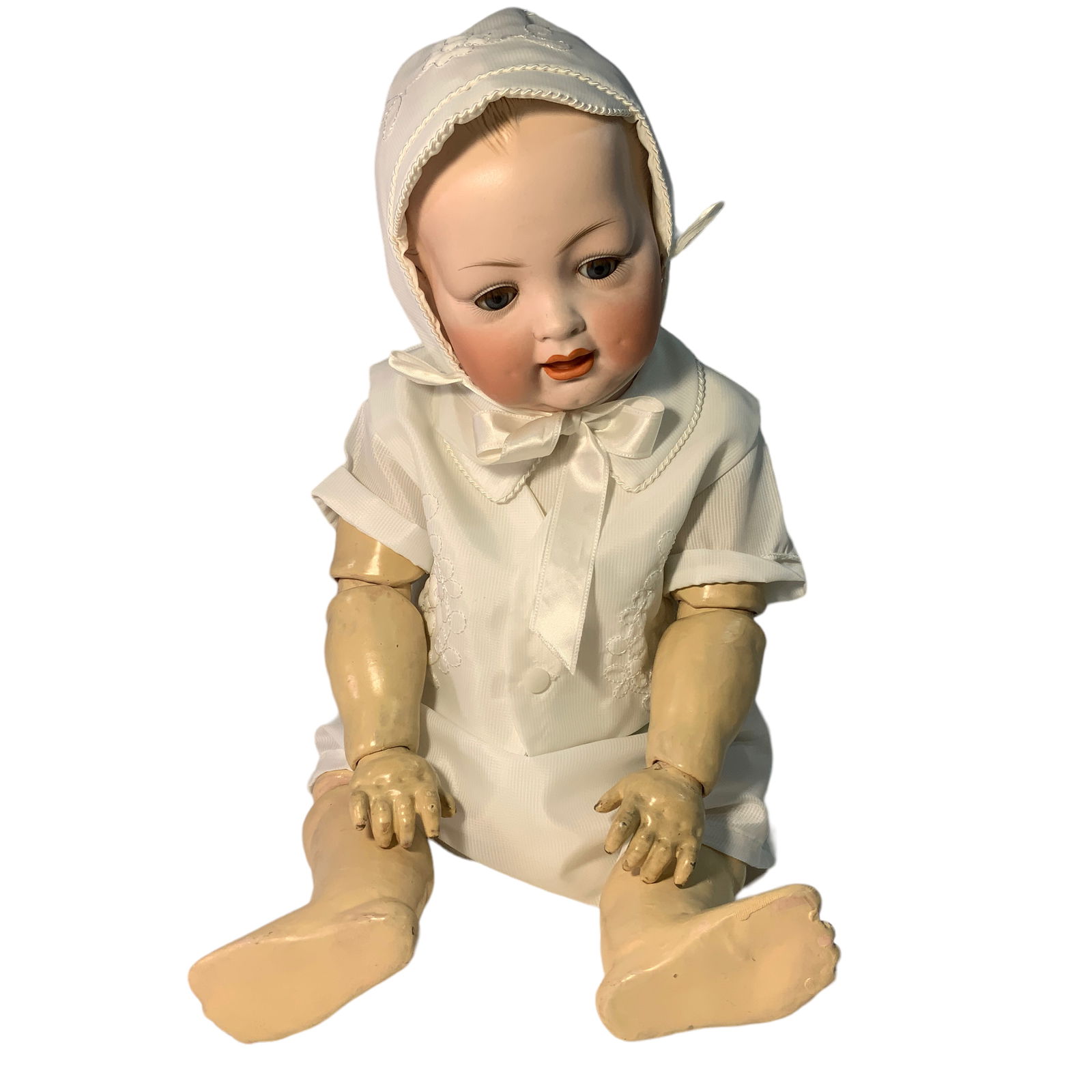 22" Kley & Hahn (likely) Bisque Head: 22" Bisque Head Toddler Body. Baby Christening outfit