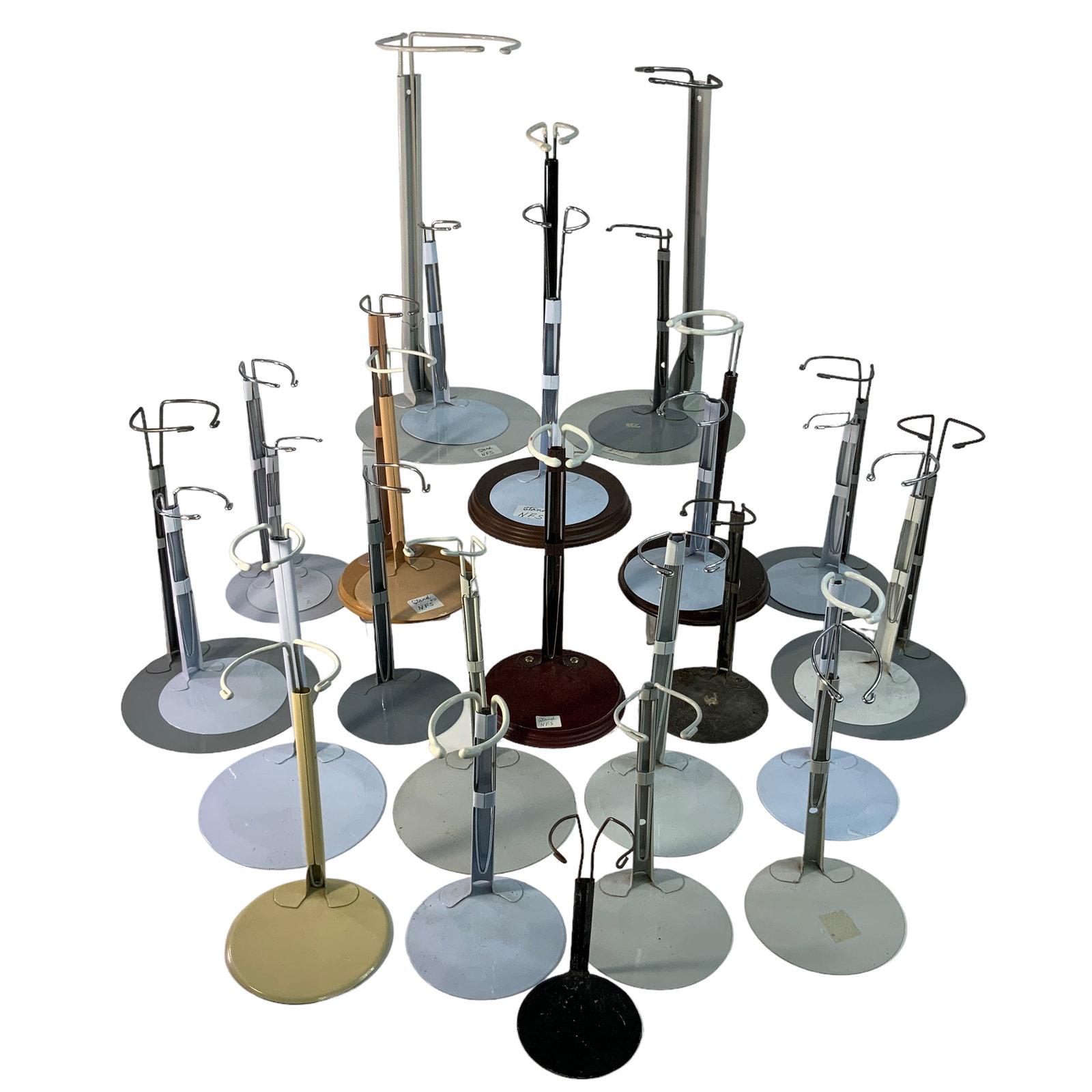 Lot of 14 Doll stands: Lot of Doll stands 3 Larger, most tiny