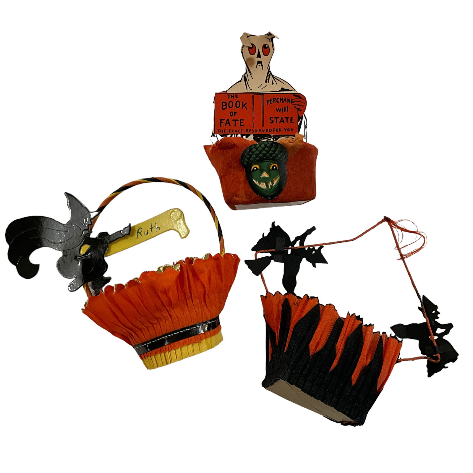 Halloween Nut Cups: Vintage Halloween party favor nut cups, two with name cards (one used: 'Ruth'; one mechanical). Tallest is 4.75" high.