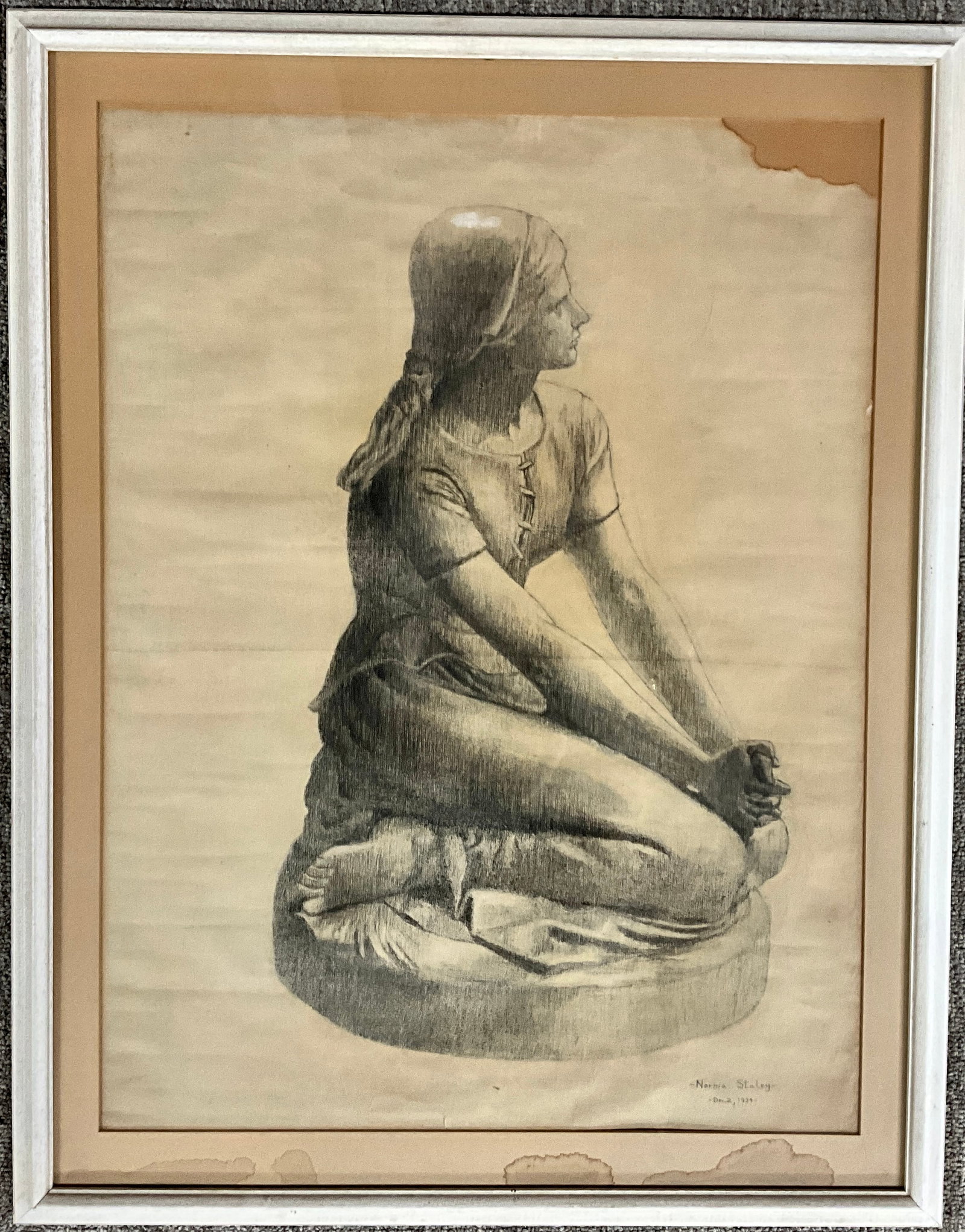 Original Drawing: Entitled "Copy of a Sculpture," and signed Norma Staley Dec. 2nd, 1924. Approx. 22"X28.5".Staining and foxing, and a torn upper RH corner, as well as a horizontal fold crease at the mid-point of the d