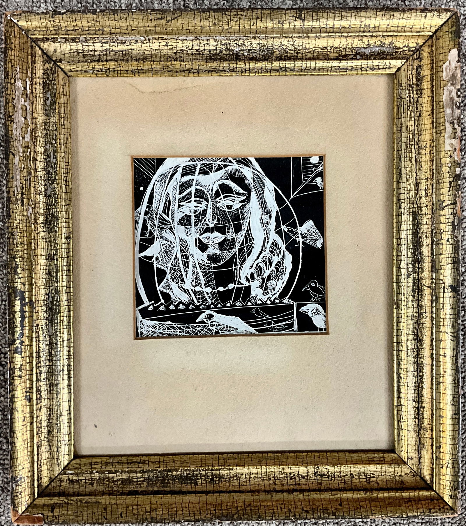 Sgraffito Drawing: Entitled "Self Portrait," and signed "Joy" on back, and dated 1956. Approx. 11"X12.5". Artist Joy Stuttman