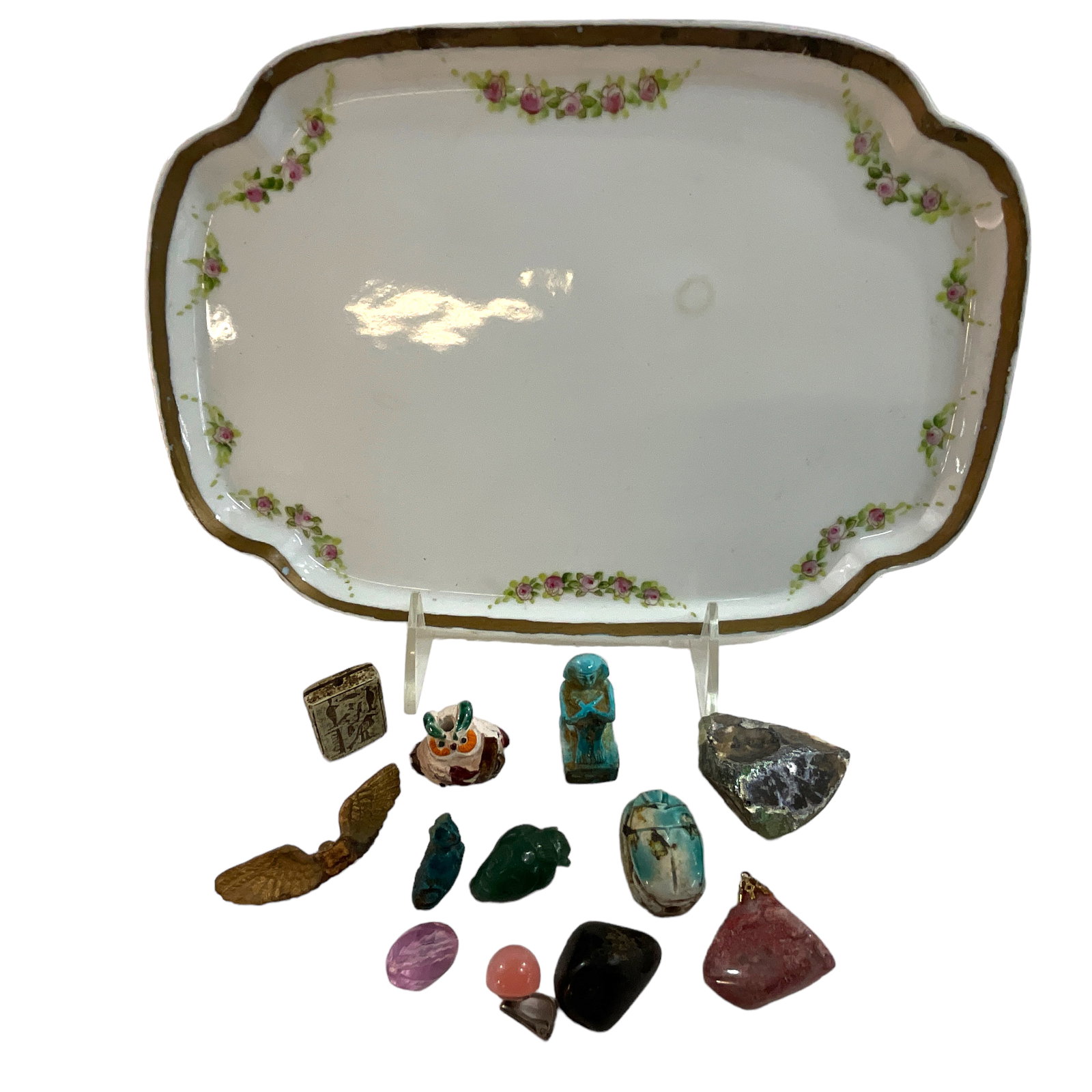 Nippon Dresser Tray and Misc. Smalls: A Nippon dresser tray, approx. 7"X10.25", and various smalls- museum reproduction scarab, hieroglyphic cartouche, jade head, etc.