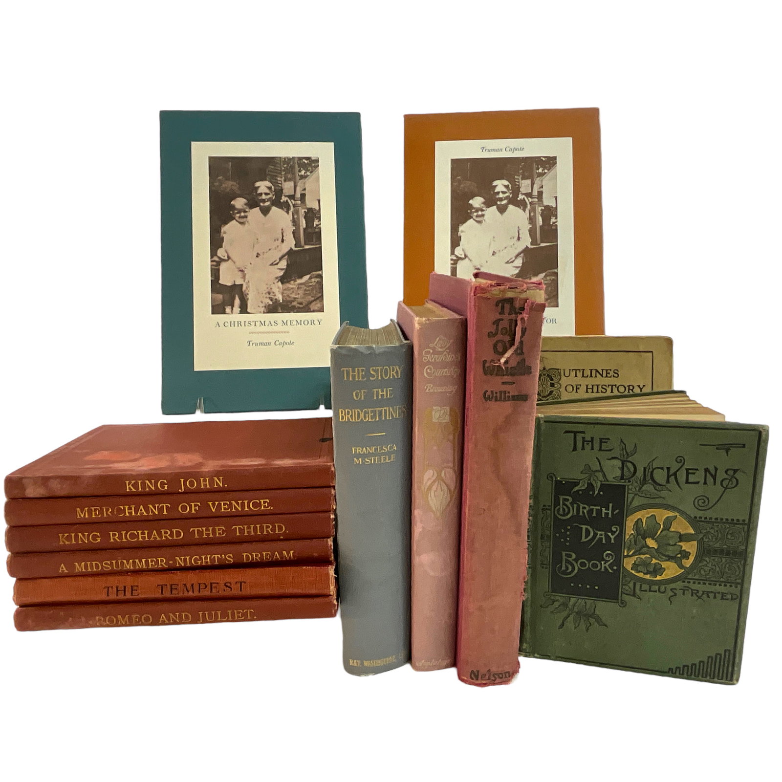 Books, Including Shakespeare: A lot of books, including Shakespeare, The Jolly Old Whistle by Herschel Williams, and The Dickens Birthday Book.