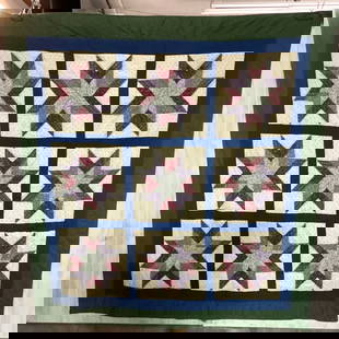Vintage Quilt: Double Quilt w/9 stars, in shades of green, blue, cream, and red. Approx.