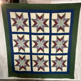 Vintage Quilt: Double Quilt w/9 stars, in shades of green, blue, cream, and red. Approx.