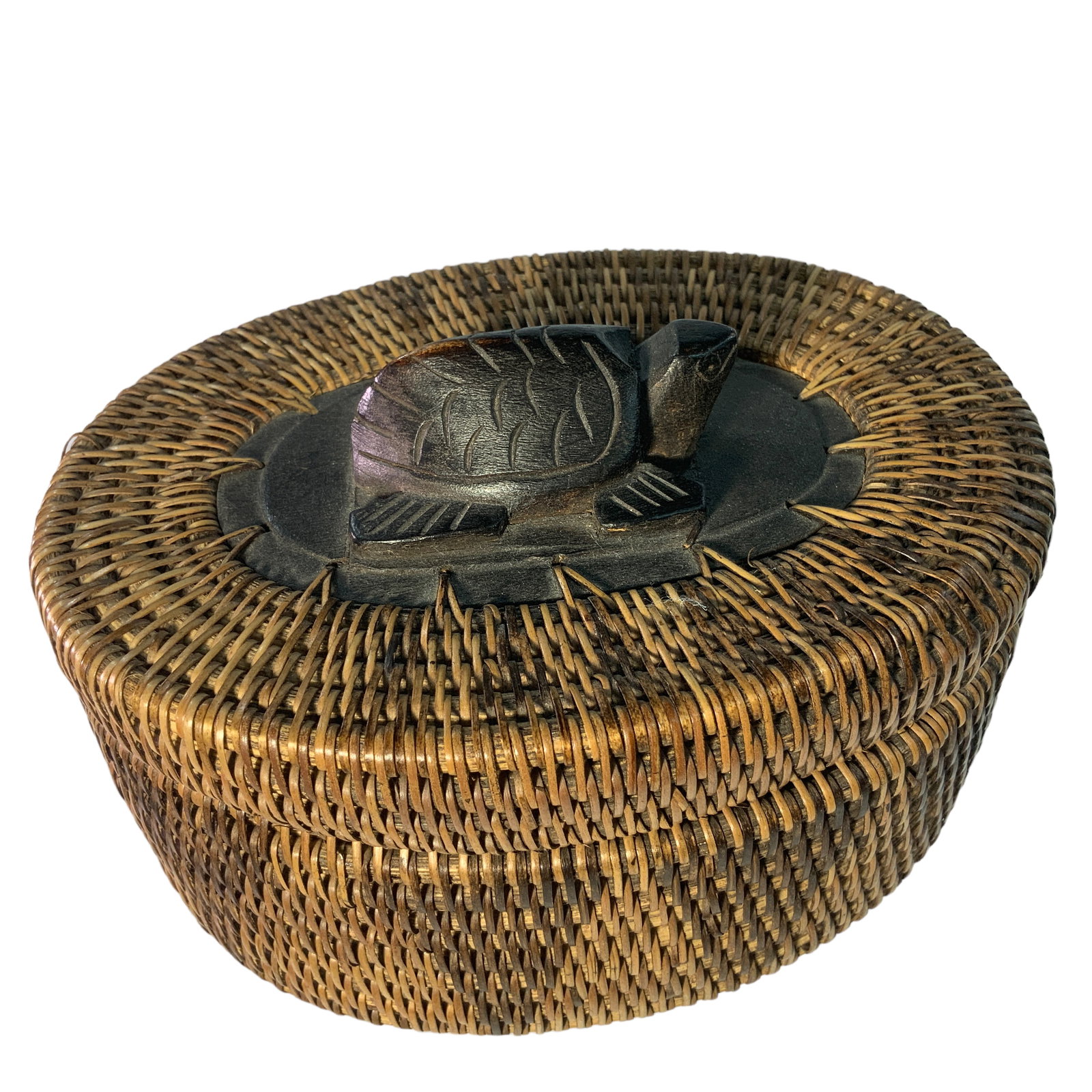 Small Oval Covered Basket With Carved Turtle Inset (1 of 3)