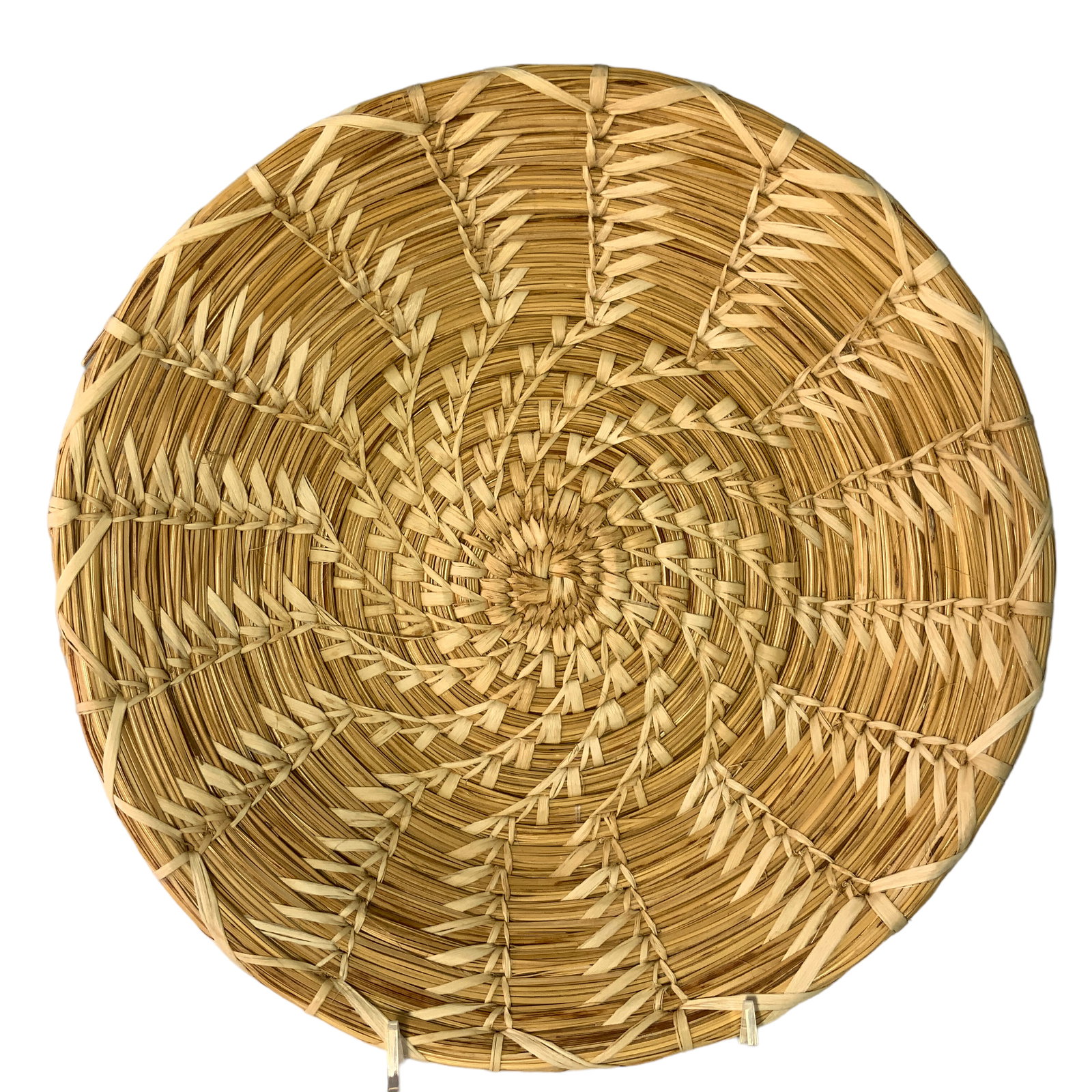 Two Round Flat Baskets, One With Handles: Two circular flat baskets, approx. 10" and 10.75" diameter.