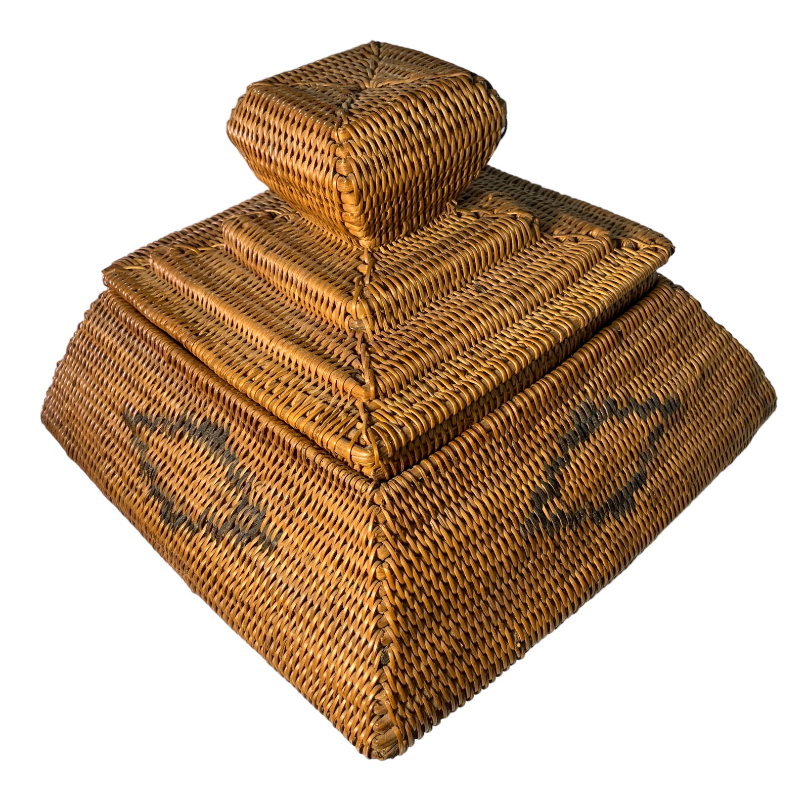Indonesian Square Covered Basket: Indonesian Square Cover basket with peaked lid, approx. 7.5" square and 7.5" tall. From the Inenoah Kedep Traditional Basket Weavers of Bali.