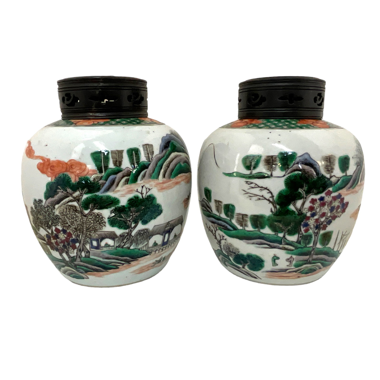 Chinese, Porcelain Vase with Wood Lid Pair (lot of 2): Chinese, Porcelain Vase with Wood Lid Pair (lot of 2). Each approx. 6" x5 1/2" One lid has been repaired.
