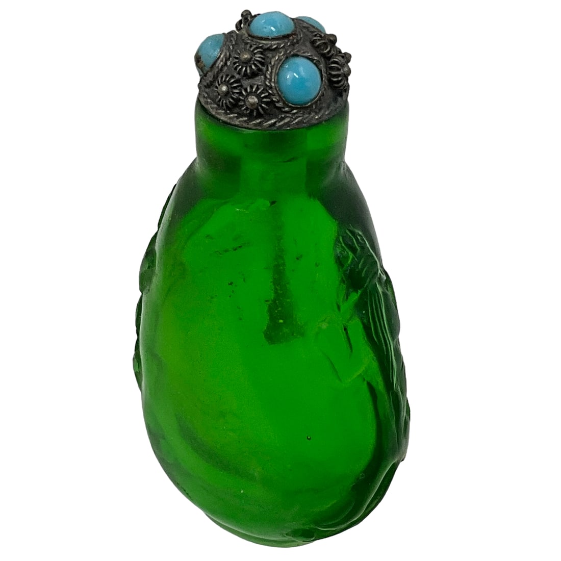 Chinese Green Peking Glass Snuff Bottle with Silver & Turquoise Lid (1 of 4)