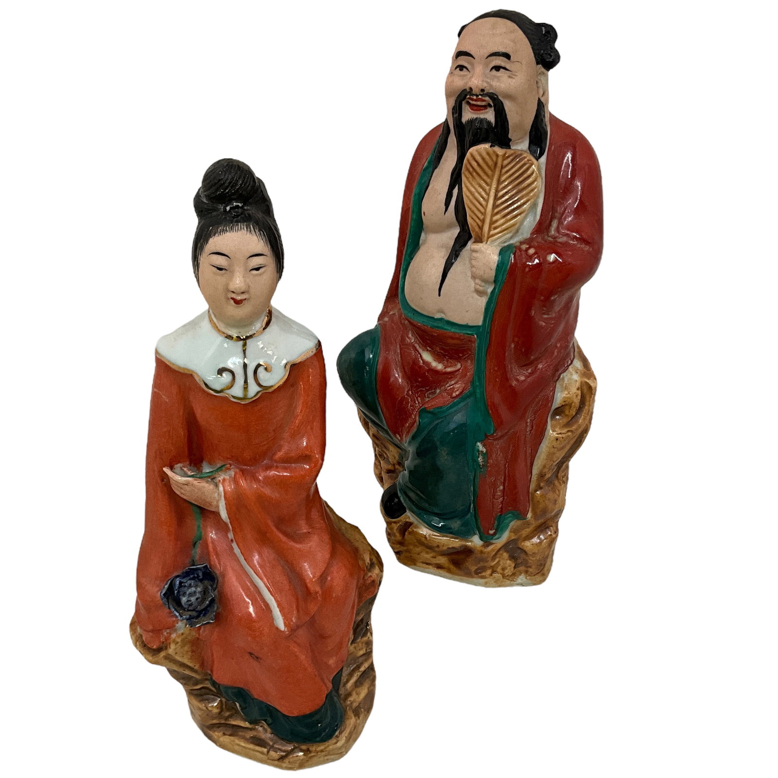 Chinese Porcelain Man & Woman Figurine Pair: Chinese Porcelain Man & Woman Figurine Pair. Each approx. 7 1/2" tall
