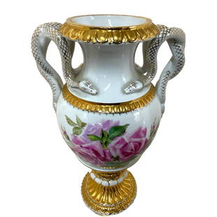 Meissen Porcelain, Urn-form Vase with Entwined Serpent Handles: Meissen Porcelain, Urn-form Vase with Entwined Serpent Handles. Also feature hand painted roses and gilt trim. Factory made in 2 pieces then bolted together. Approx. 11" tall.