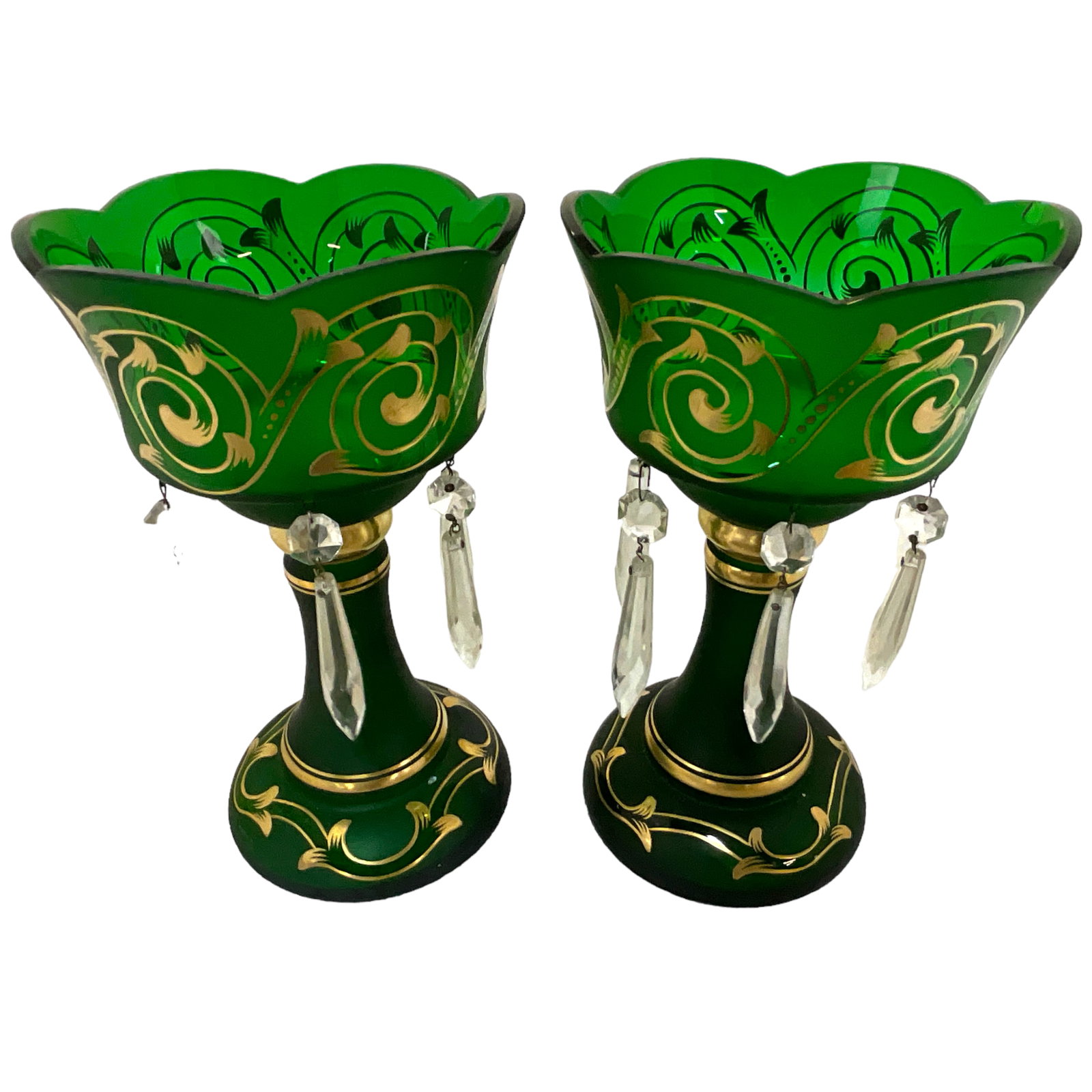 Gilt Trim, Green Glass Lustre Pair: Gilt Trim, Green Glass Lustre Pair. Item also features partial satin finish . Each approx. 9 1/4" tall. One piece has chip on rim.