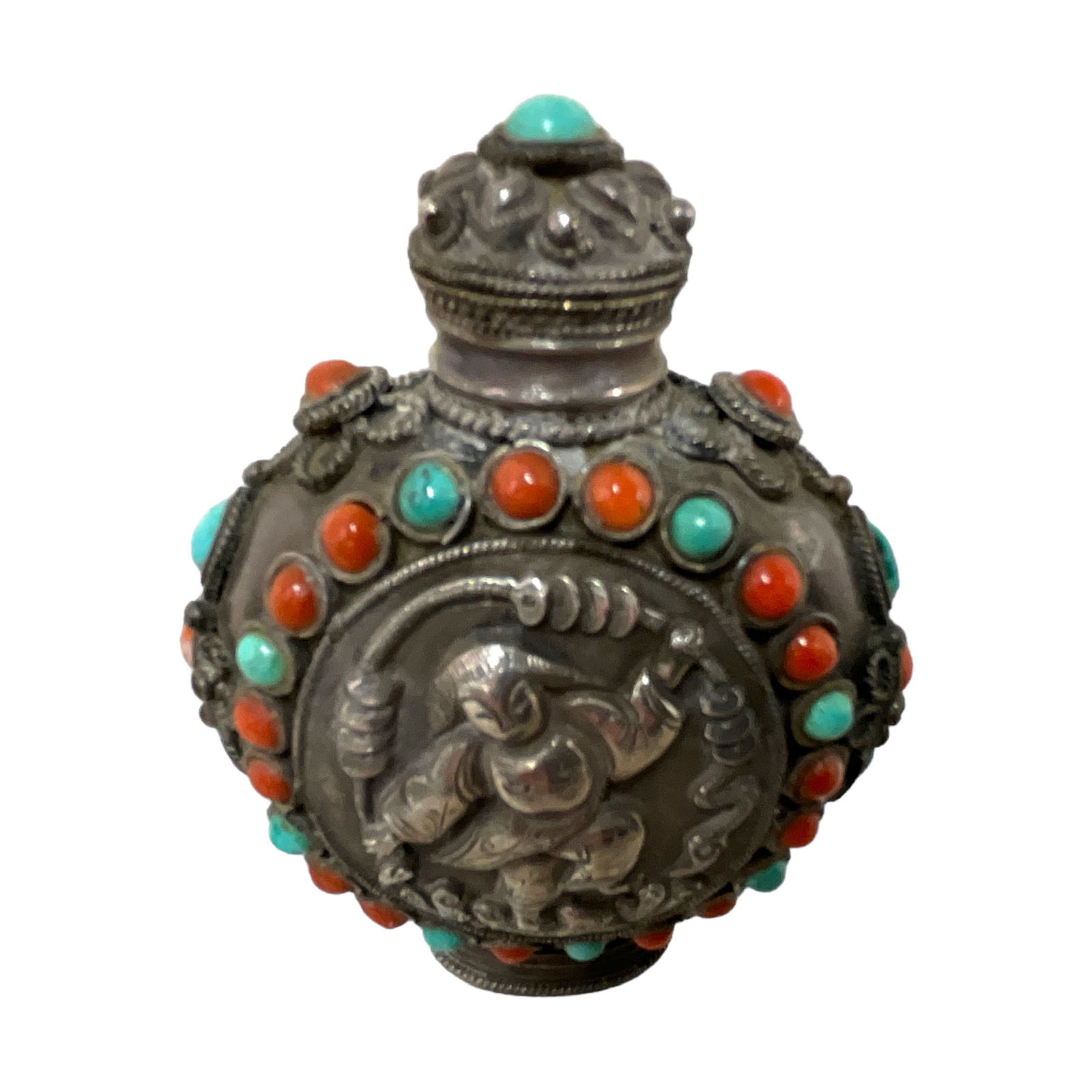 Mongolian Snuff Bottle with Turquoise and Coral (1 of 5)
