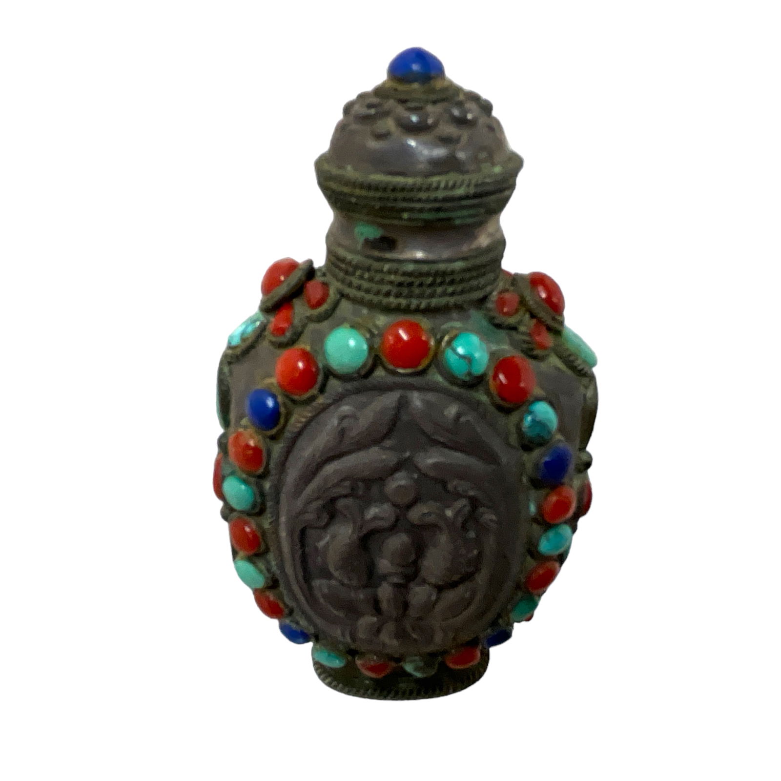 Mongolian Snuff Bottle With Lapis Lazuli, Turquoise and Coral (1 of 5)