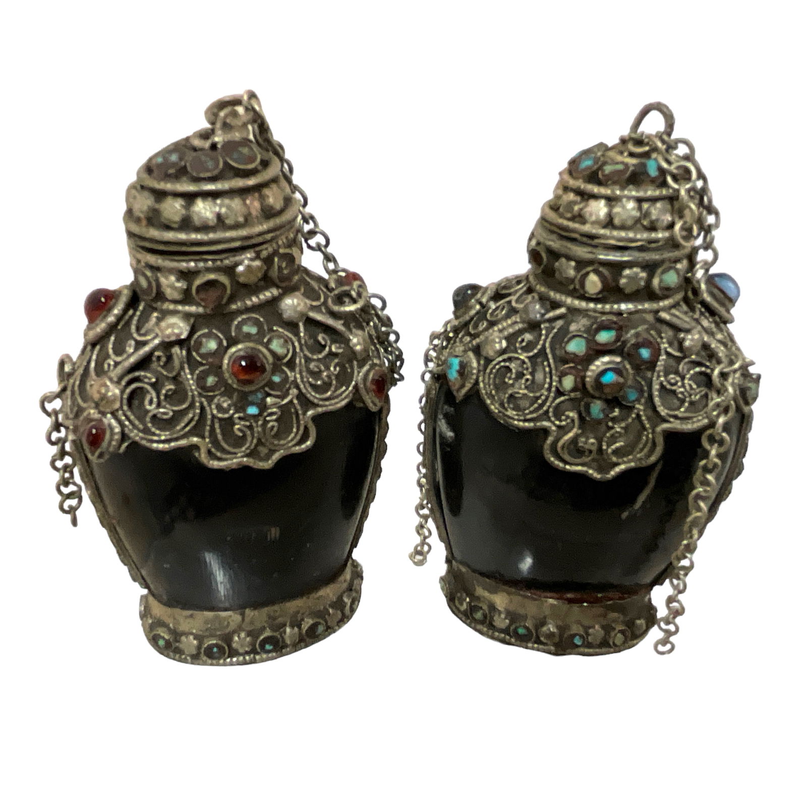 Chinese Natural Stone and Silver Snuff Bottle with Shell Decoration, Pair (1 of 6)