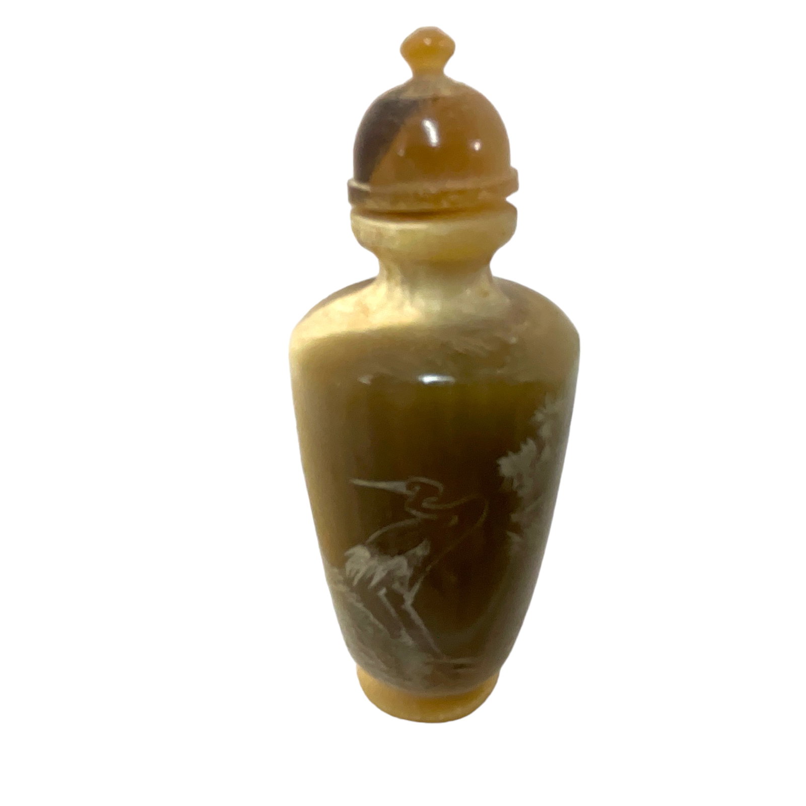 Chinese Etched Horn Snuff Bottle with Crane Decoration: Chinese Etched Horn Snuff Bottle with Crane Decoration, approx. 3" tall