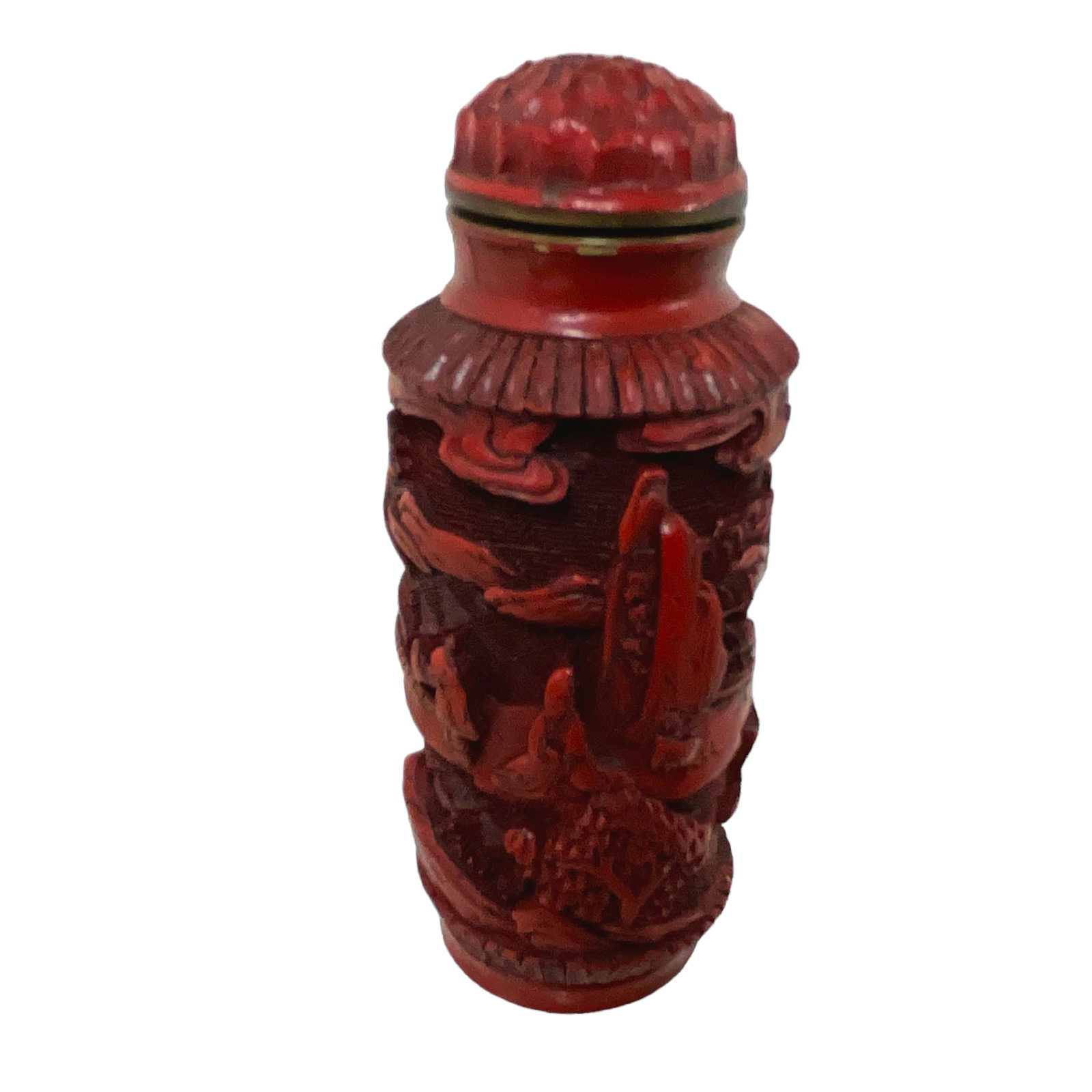 Chinese Relief Carved Brass Snuff Bottle with Cinnabar Coloration: Chinese Relief Carved Brass Snuff Bottle with Cinnabar Coloration, approx. 3" tall.