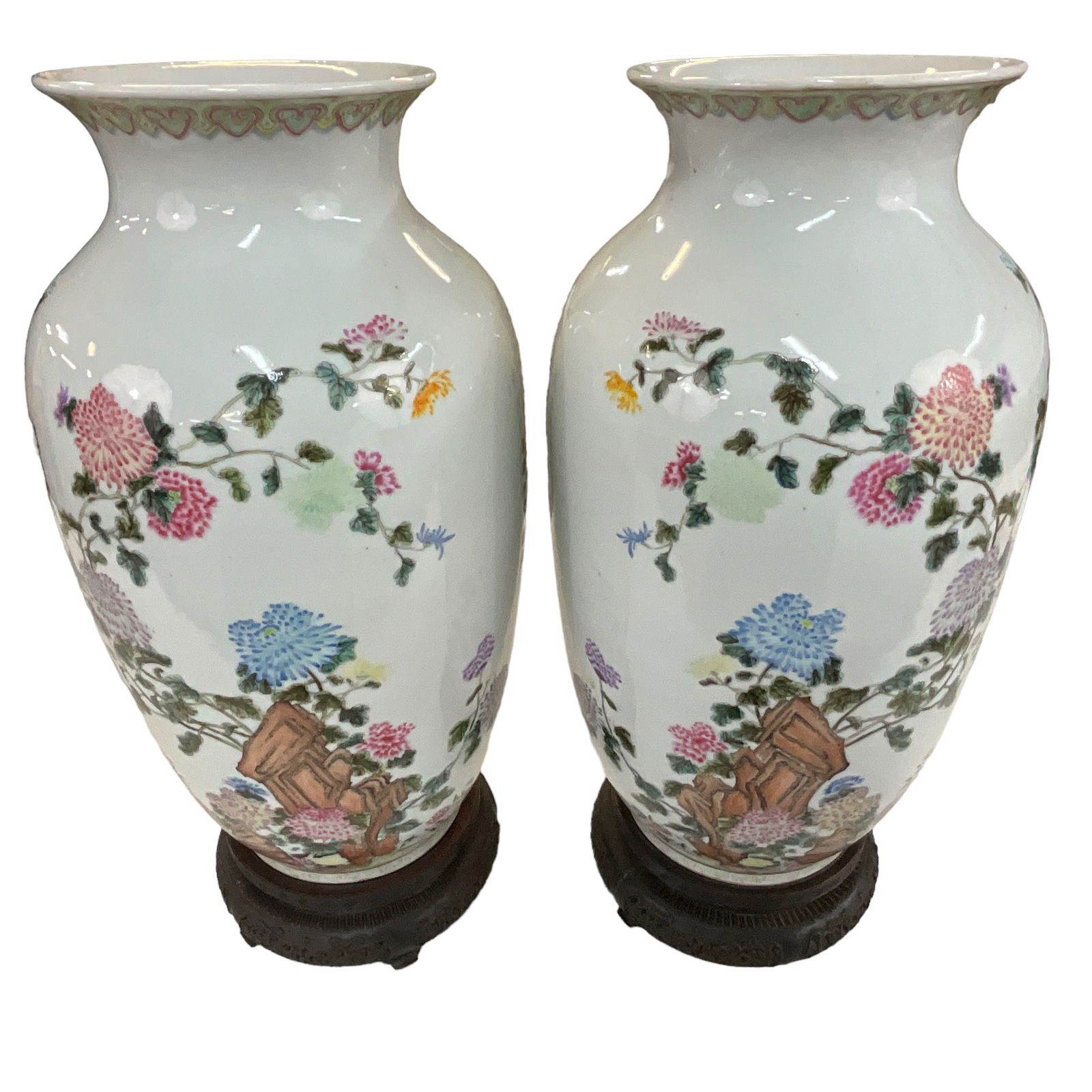 Porcelain Vase with Wood Base, Floral Motif (lot of 2) (1 of 7)