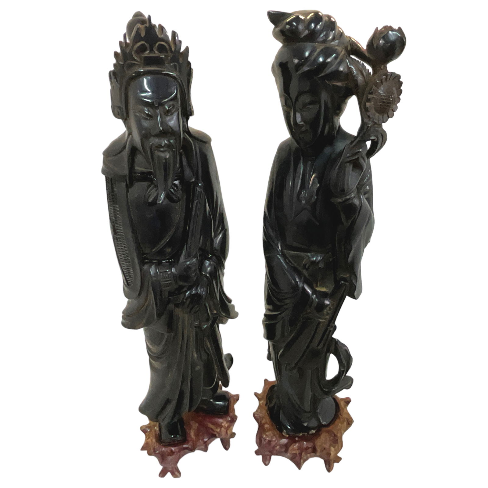 Carved Lacquer Resin Chinese Man and Woman Figurines with bases (lot of 2) (1 of 7)