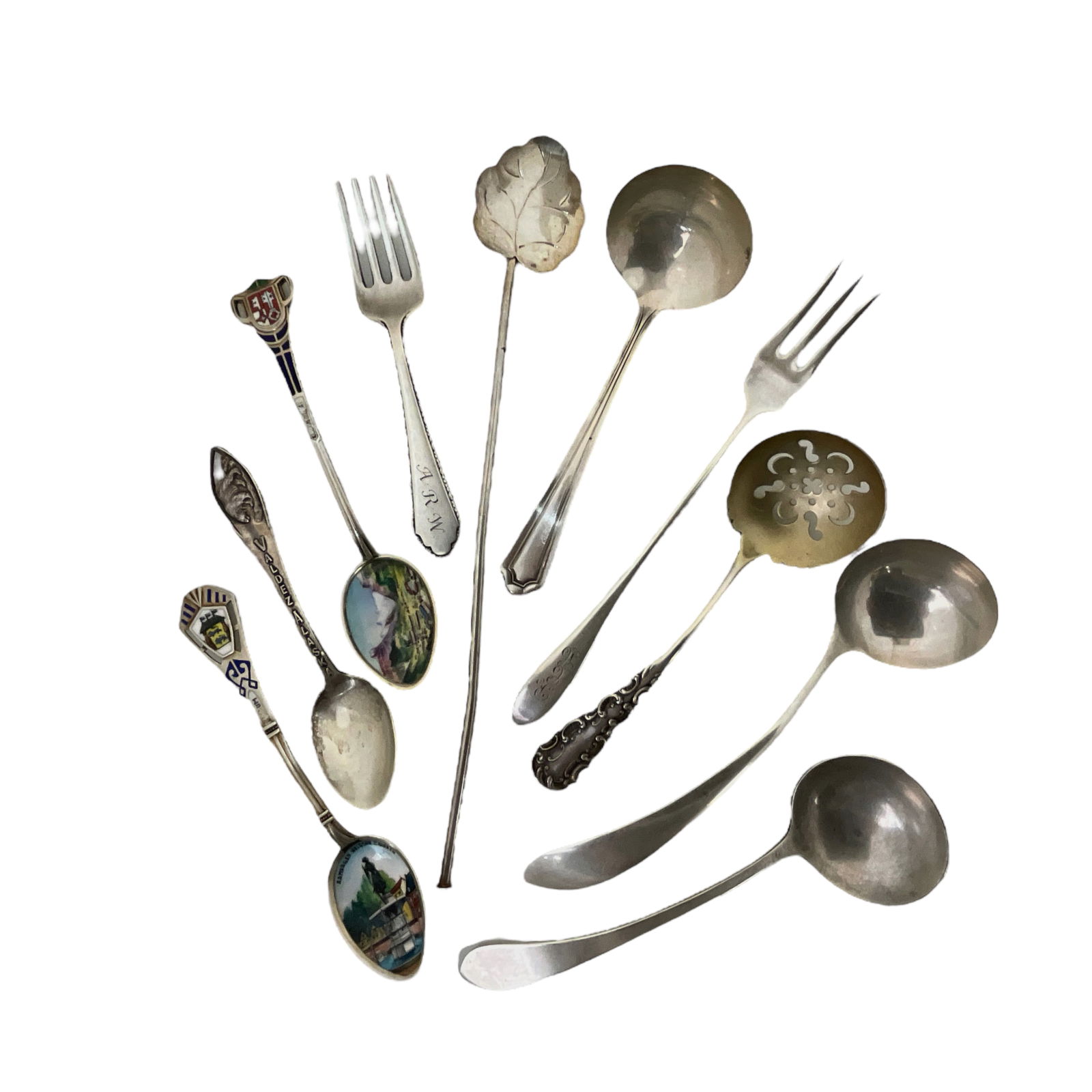 Lot of 10 Silver Serving Spoons, Forks, and Collector Spoons (1 of 3)