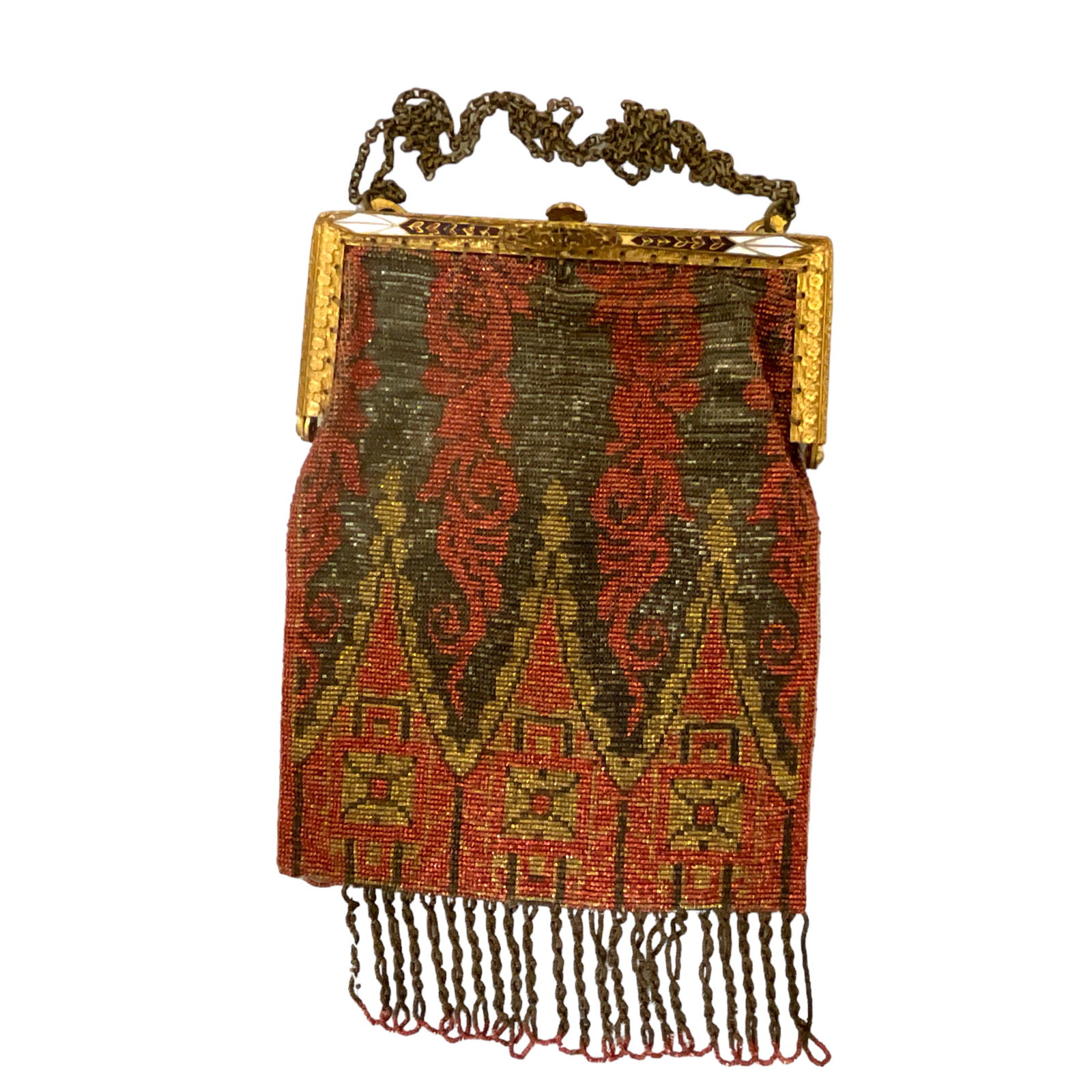 Art Deco Beaded Purse with Brass Frame and Enamel Decoration (1 of 4)