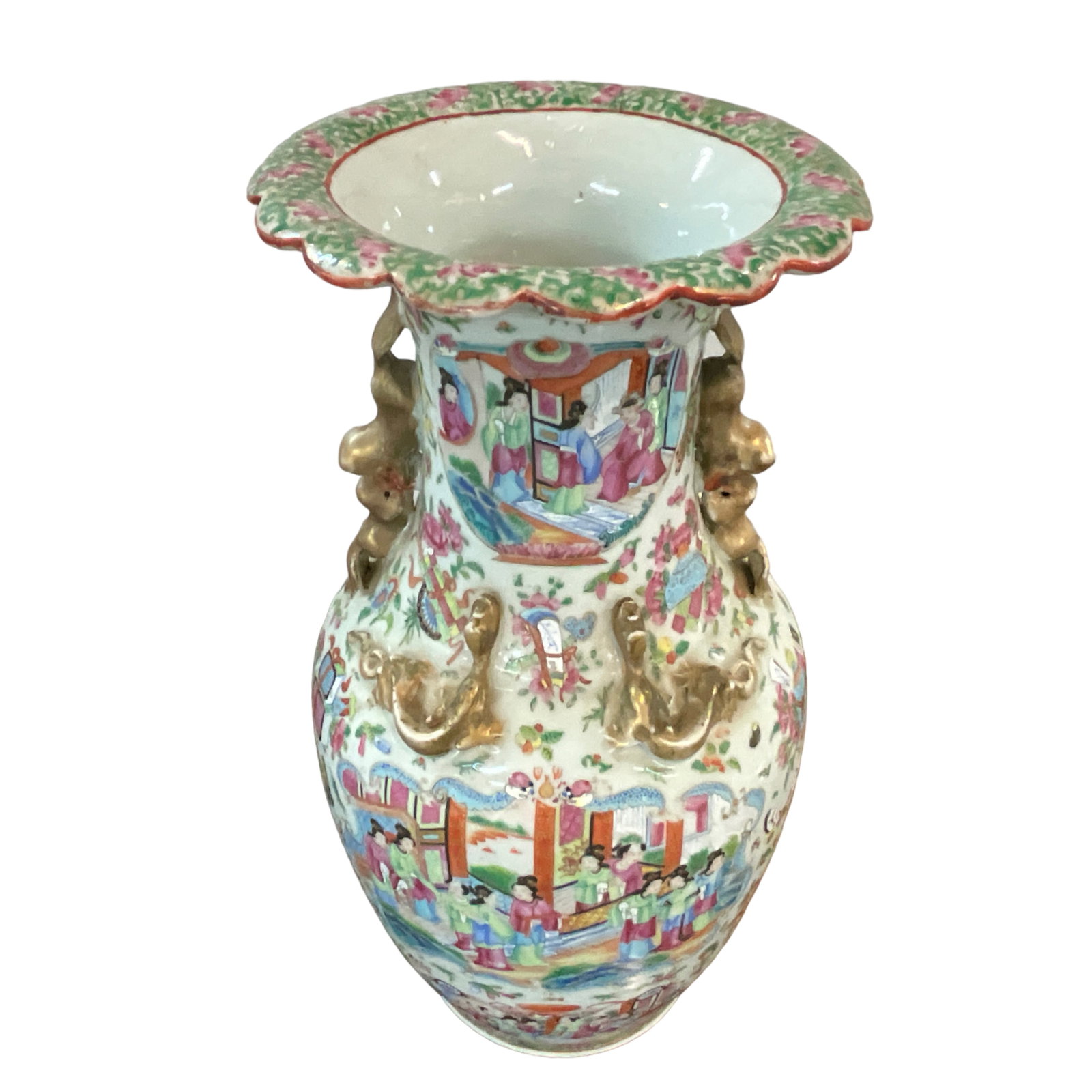 Enamel & Gold Chinese Hand-Painted Urn, Famille Pattern: 19th Century, Enamel & Gold Chinese Hand-Painted Urn, Famille Pattern. Measures approx. 17.25" high, and 7.25" in diameter at the rim.