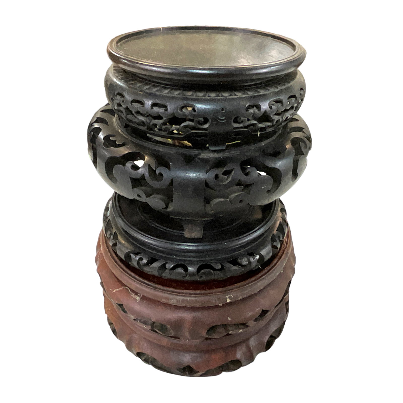Chinese Wooden Urn Bases: Box of misc. Chinese Urn bases, largest measuring 5.75" diameter.