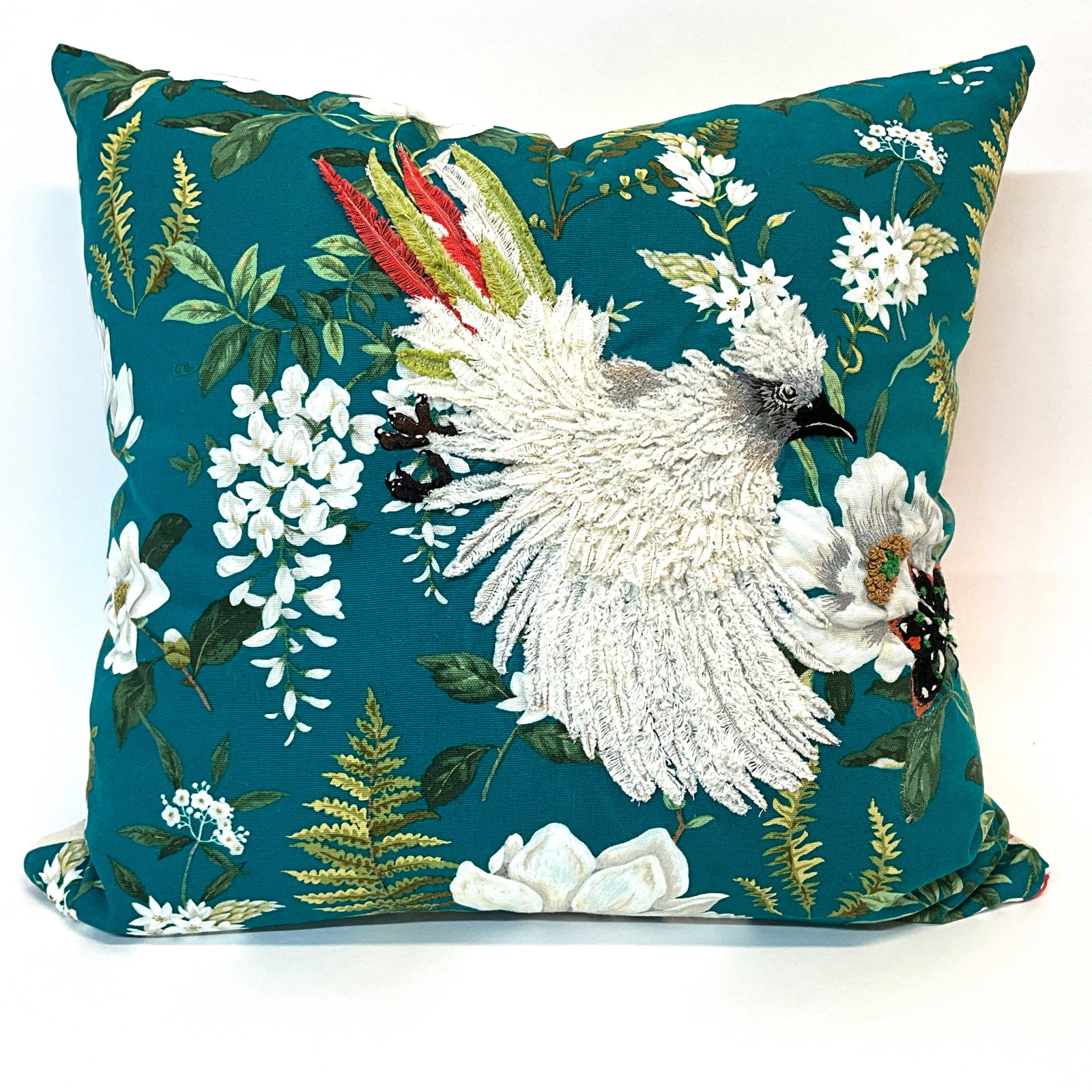 One of a Kind Original Artisan Pillow Feathered Bird: 20"x20" Down filled one of a kind Original Artisan Pillow by Elegoods. Hand Crafted Fabric Constuction, this pillow will make a statement in your home. Hand embroidered butterfly and floral embellishm