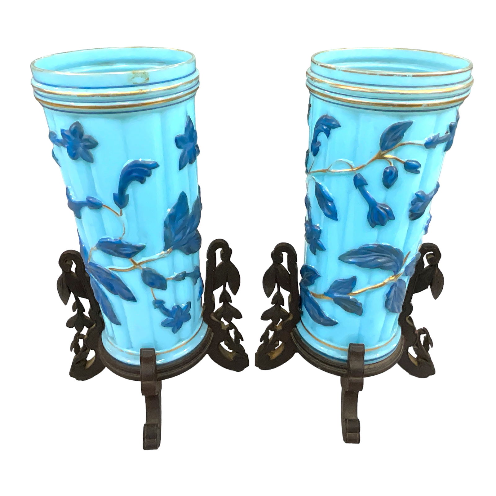 Blue Matte on Matte Trumpet Vine Vases with Stands (pair) (1 of 6)
