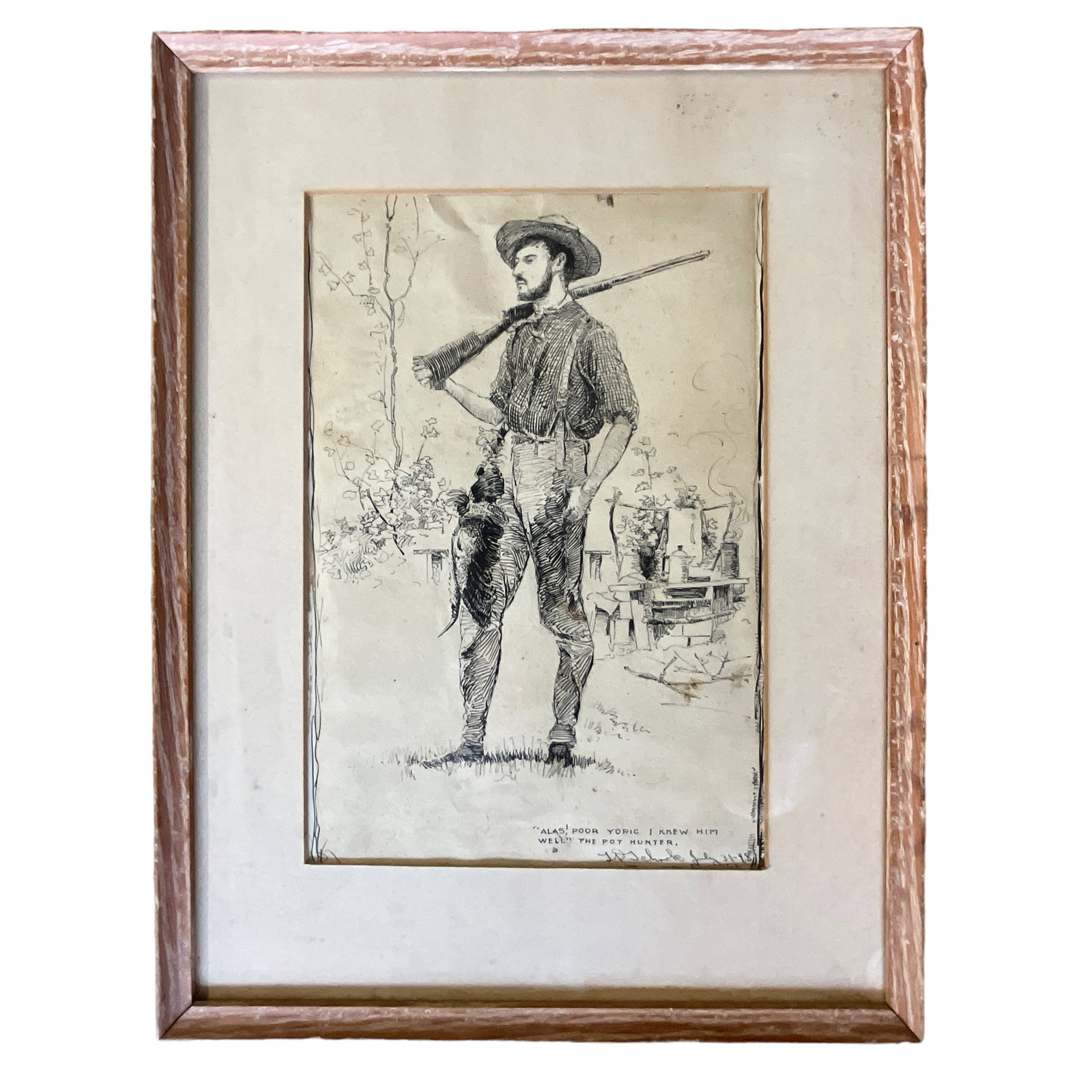 "Poor Yorig" Drawing by F.D. Schook.: 1898 Drawing of "Poor Yorig" by F.D. Schook. Signed, dated. Approx 17"x13" OA; 11 1/2"x7 3/4" SS. Piece has not been removed from frame for examination. Part of a Saugatuck/Douglas Art Collection.